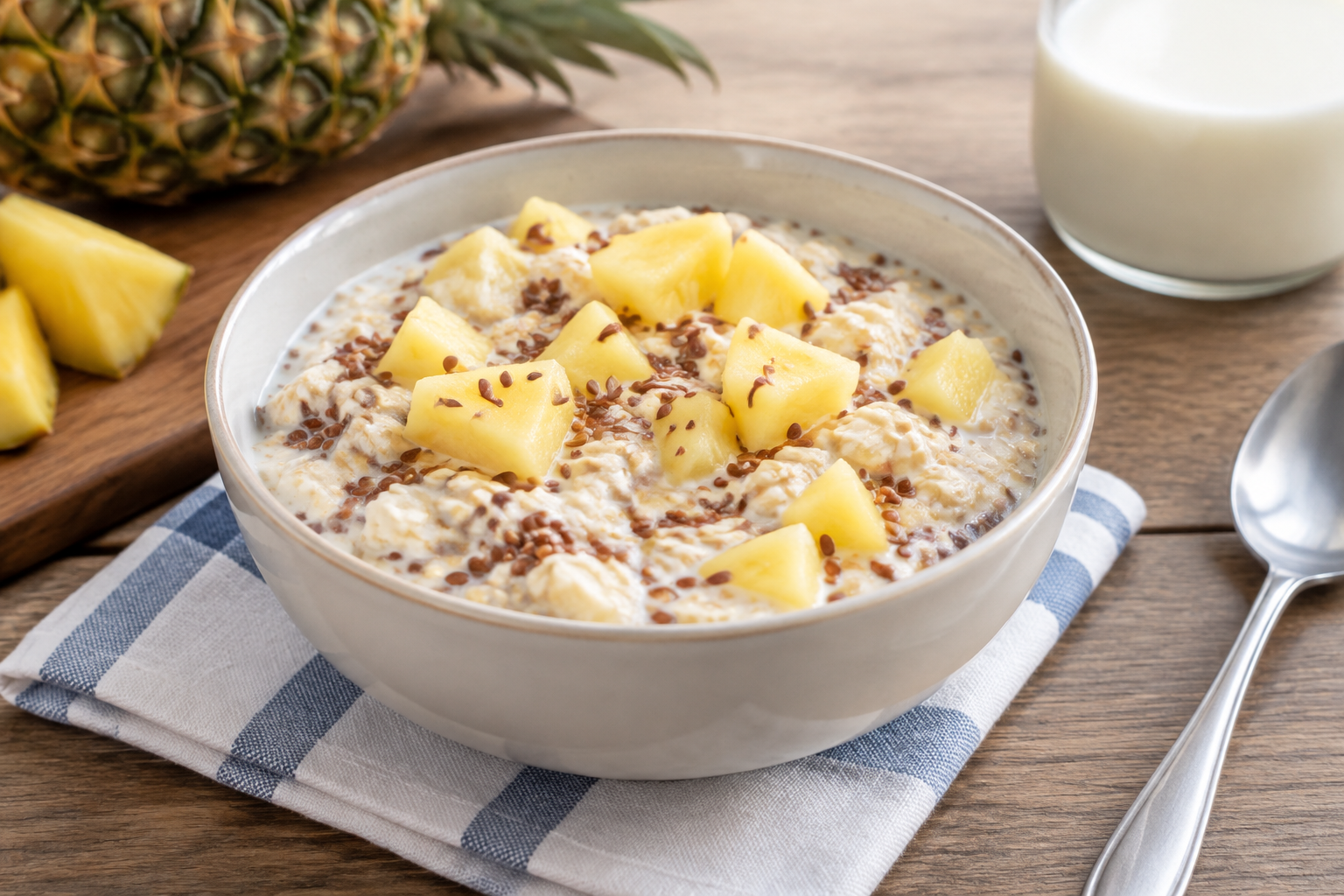 Aveia de geladeira com abacaxi e linhaça
