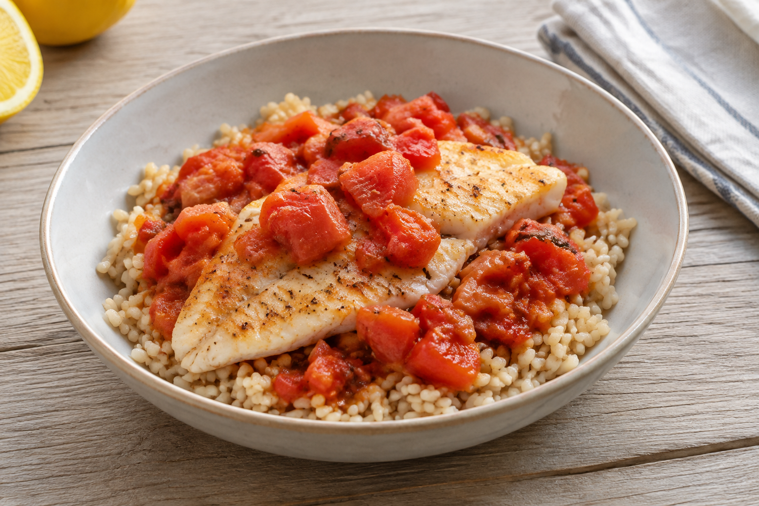 Bowl morno com tilápia e tomate