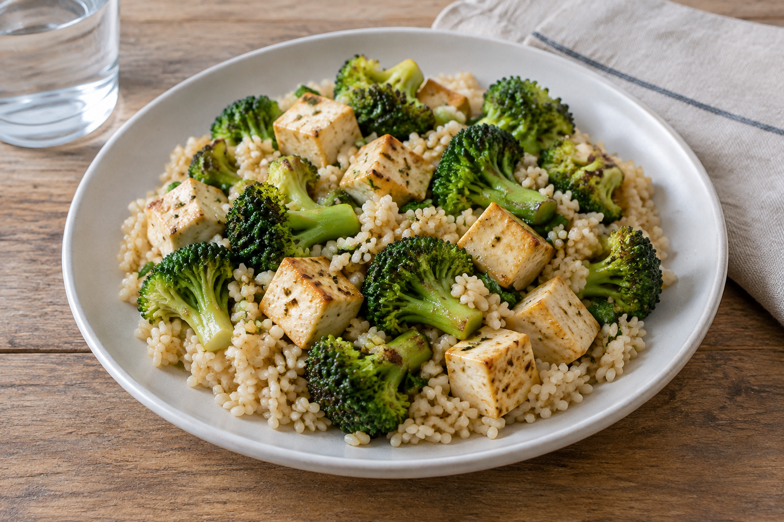 Arroz integral com tofu firme e brócolis