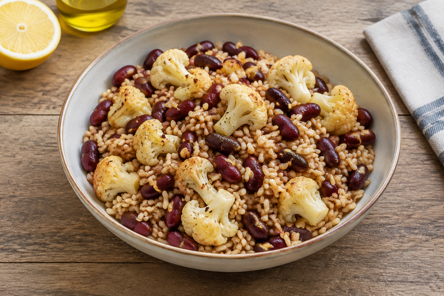 Bowl morno com feijão vermelho cozido e couve-flor · arroz integral