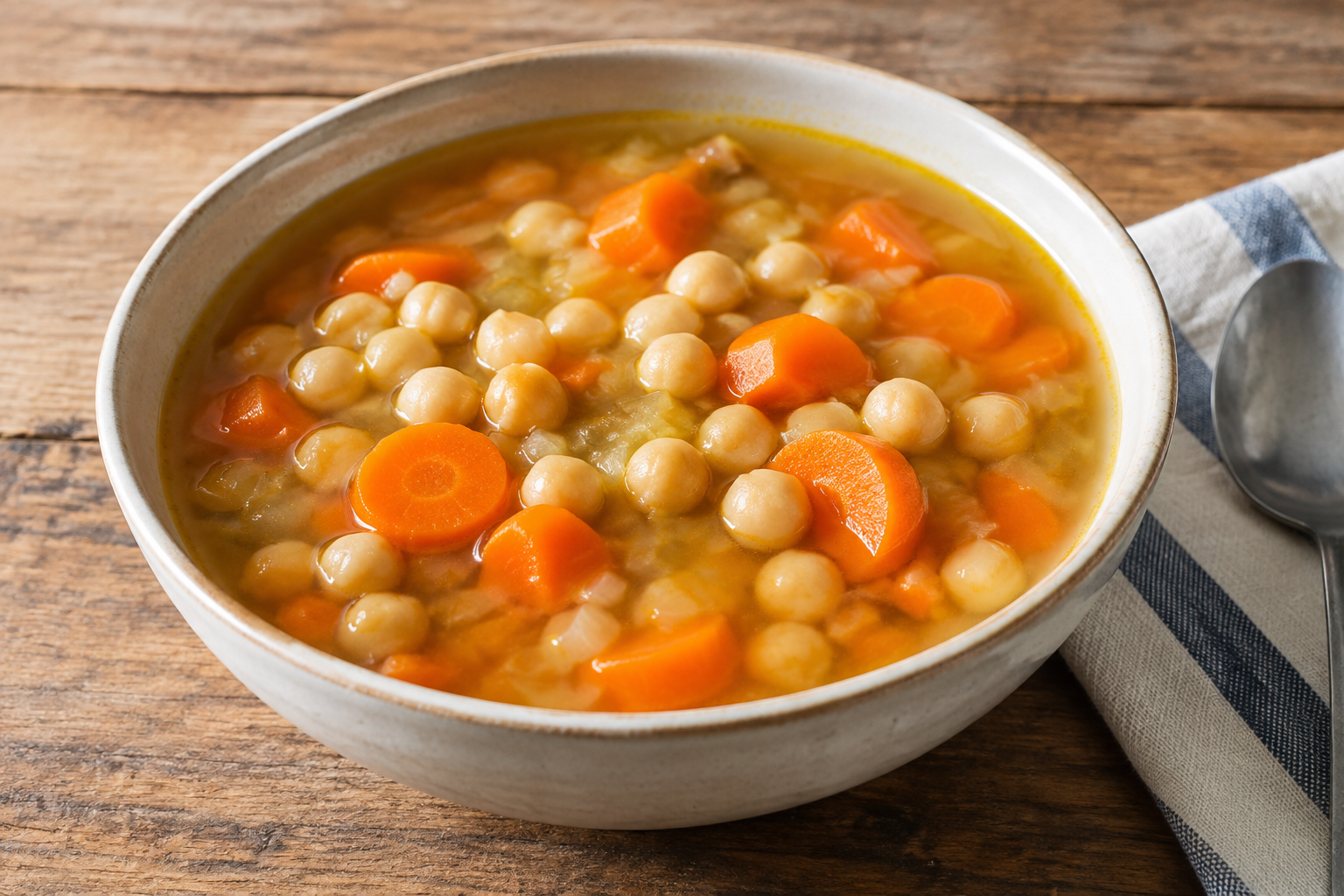 Sopa caseira com grão-de-bico cozido e cenoura
