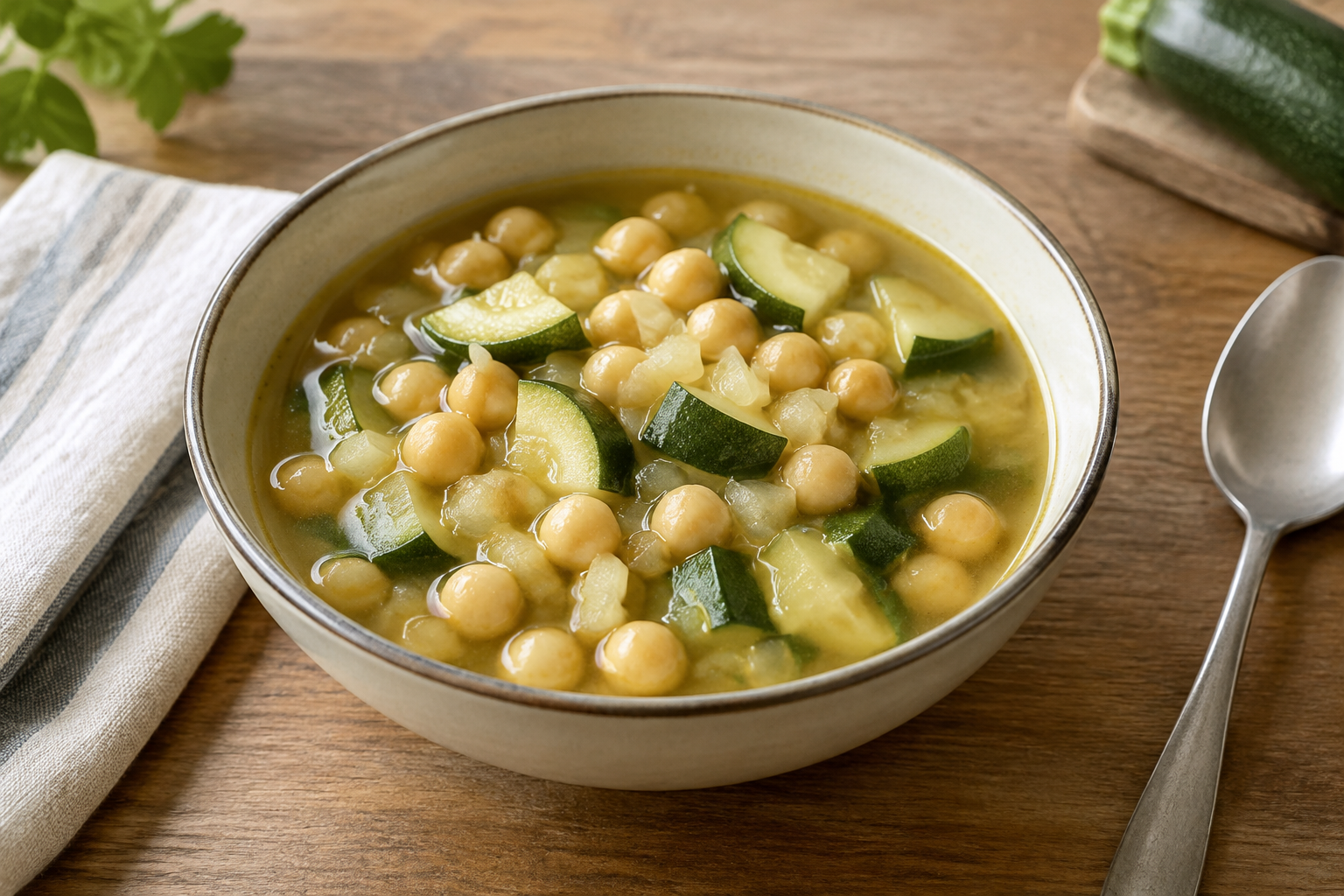 Sopa caseira com grão-de-bico cozido e abobrinha