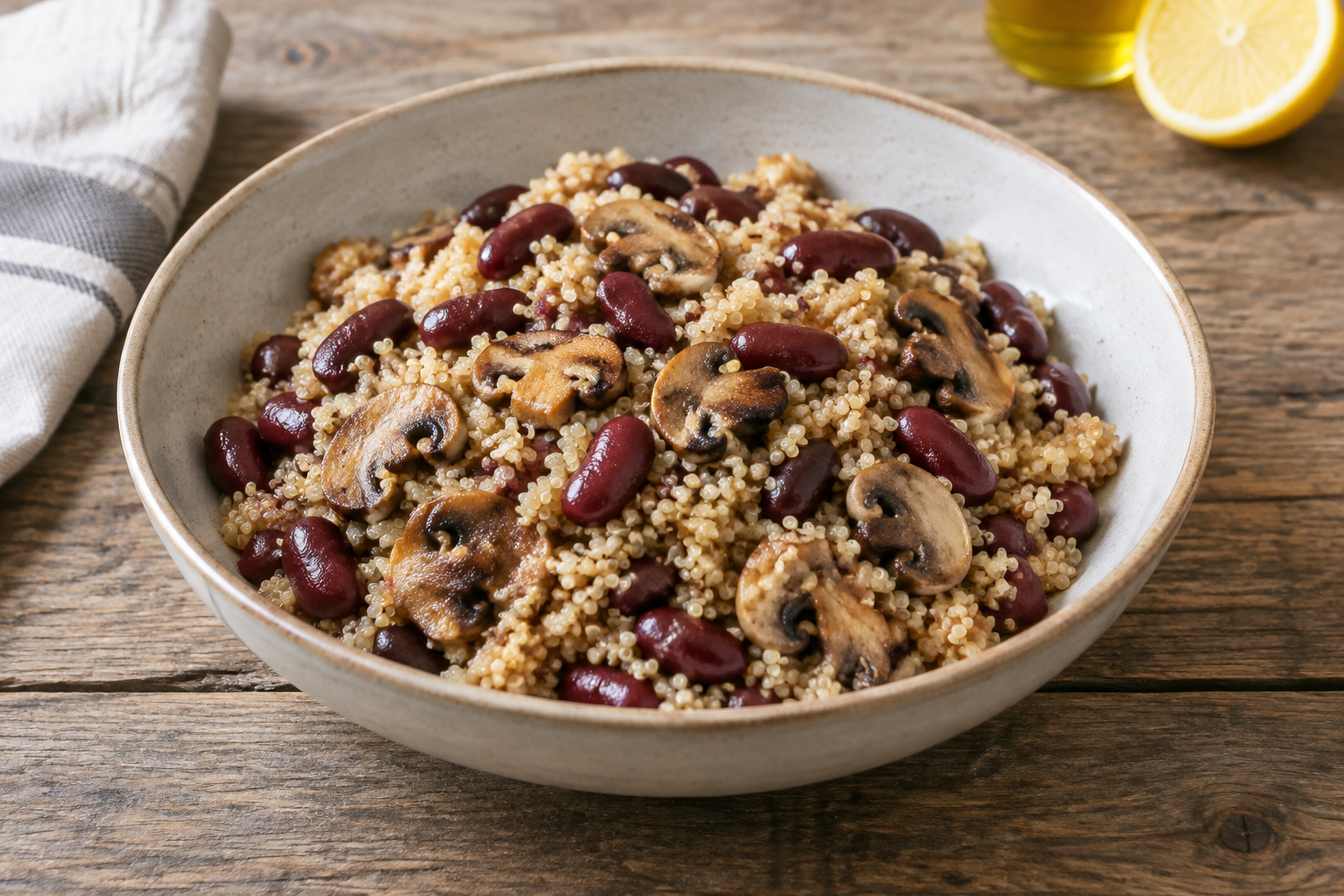 Quinoa quente com feijão vermelho cozido e cogumelos