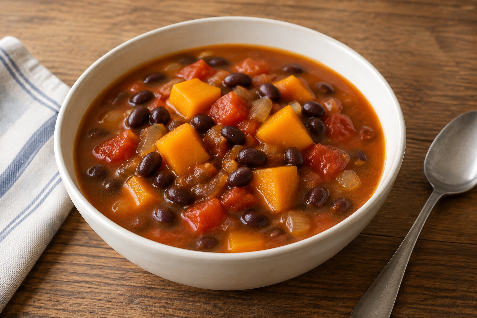 Sopa caseira com feijão preto cozido e tomate com abóbora em cubos