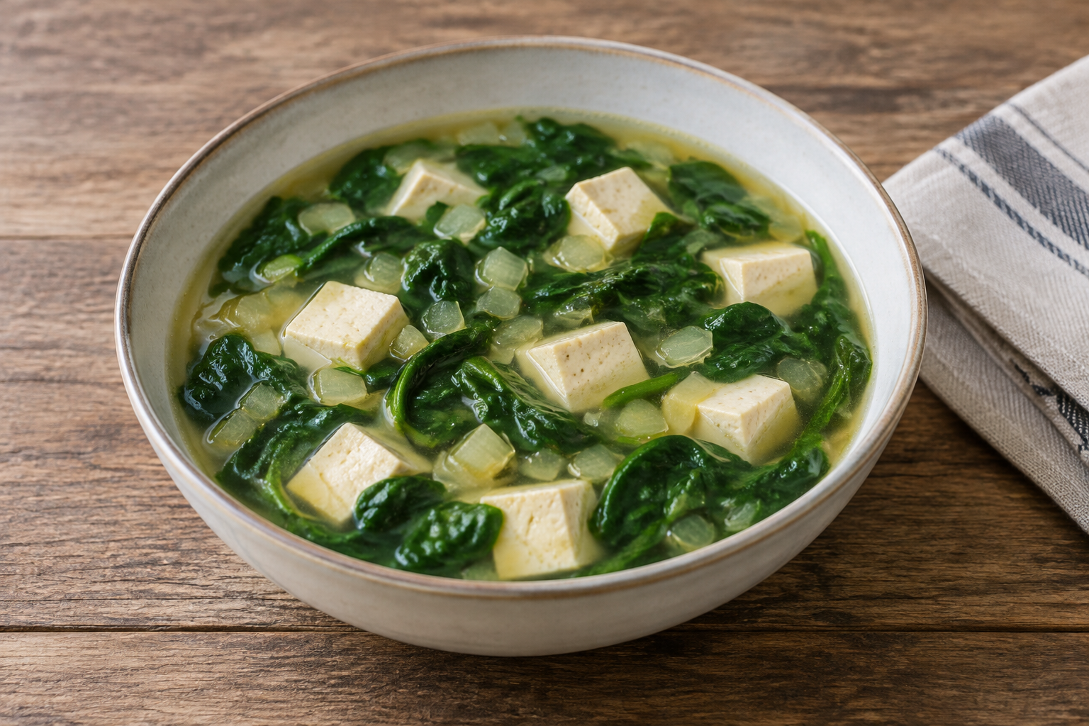 Sopa caseira com tofu firme e espinafre