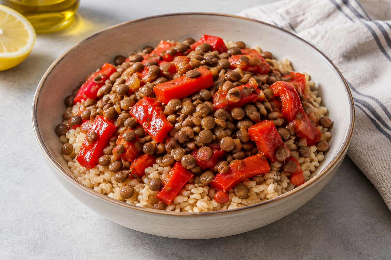 Bowl morno com lentilha cozida e pimentão vermelho