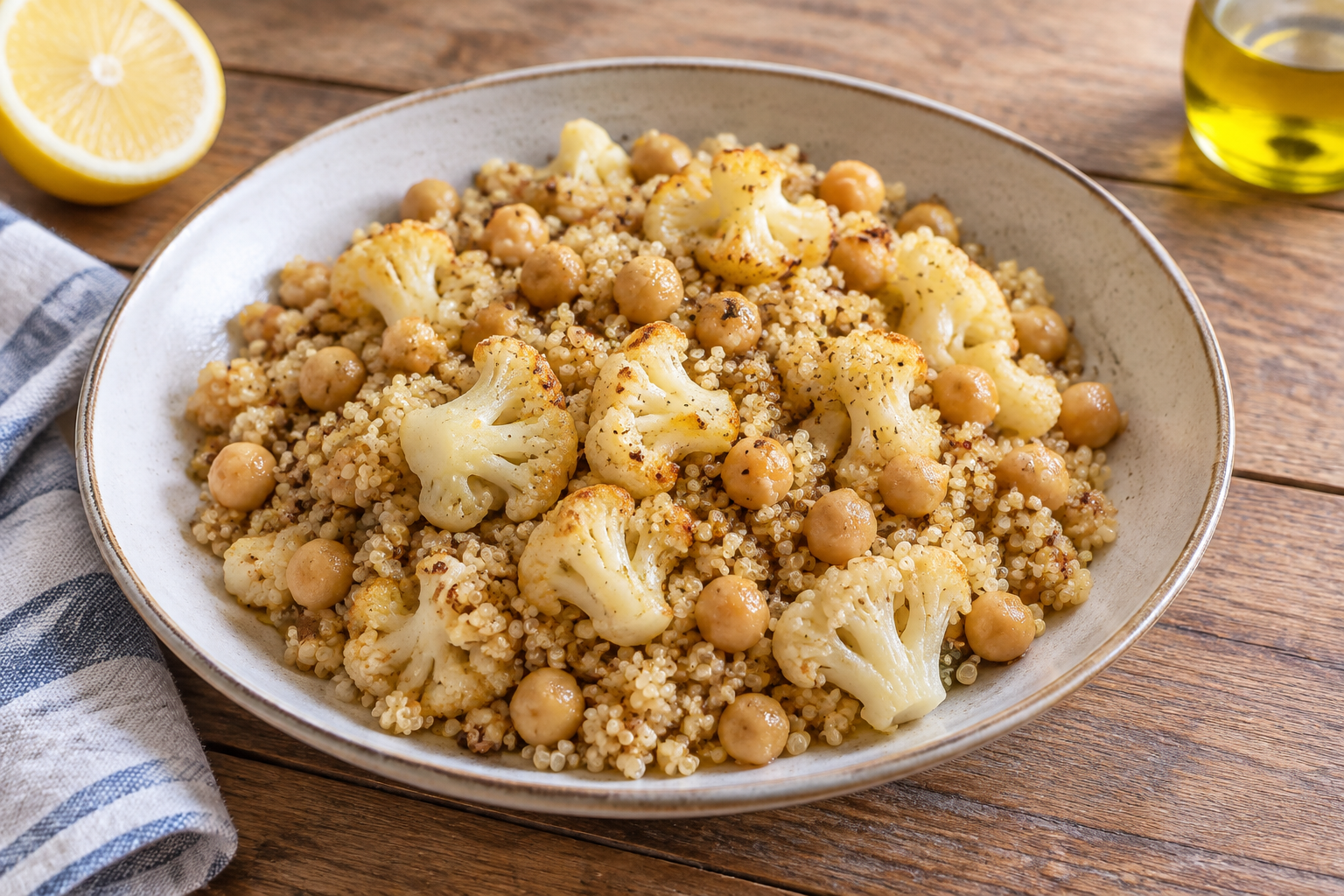 Quinoa quente com grão-de-bico cozido e couve-flor