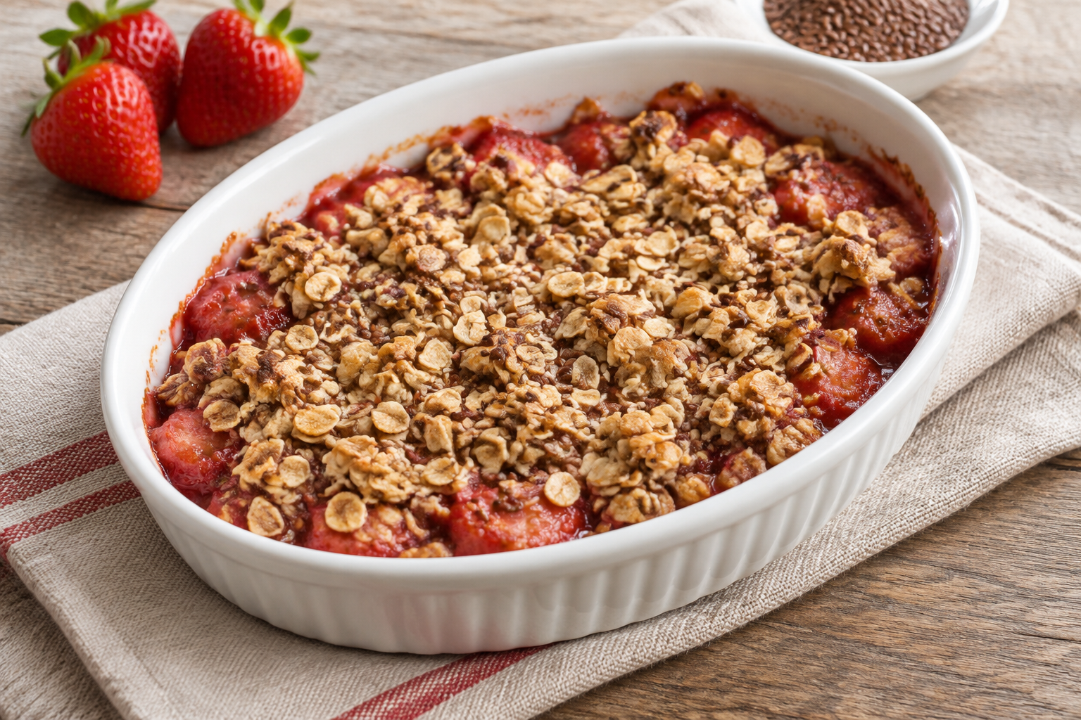 Crumble de aveia com morango e linhaça