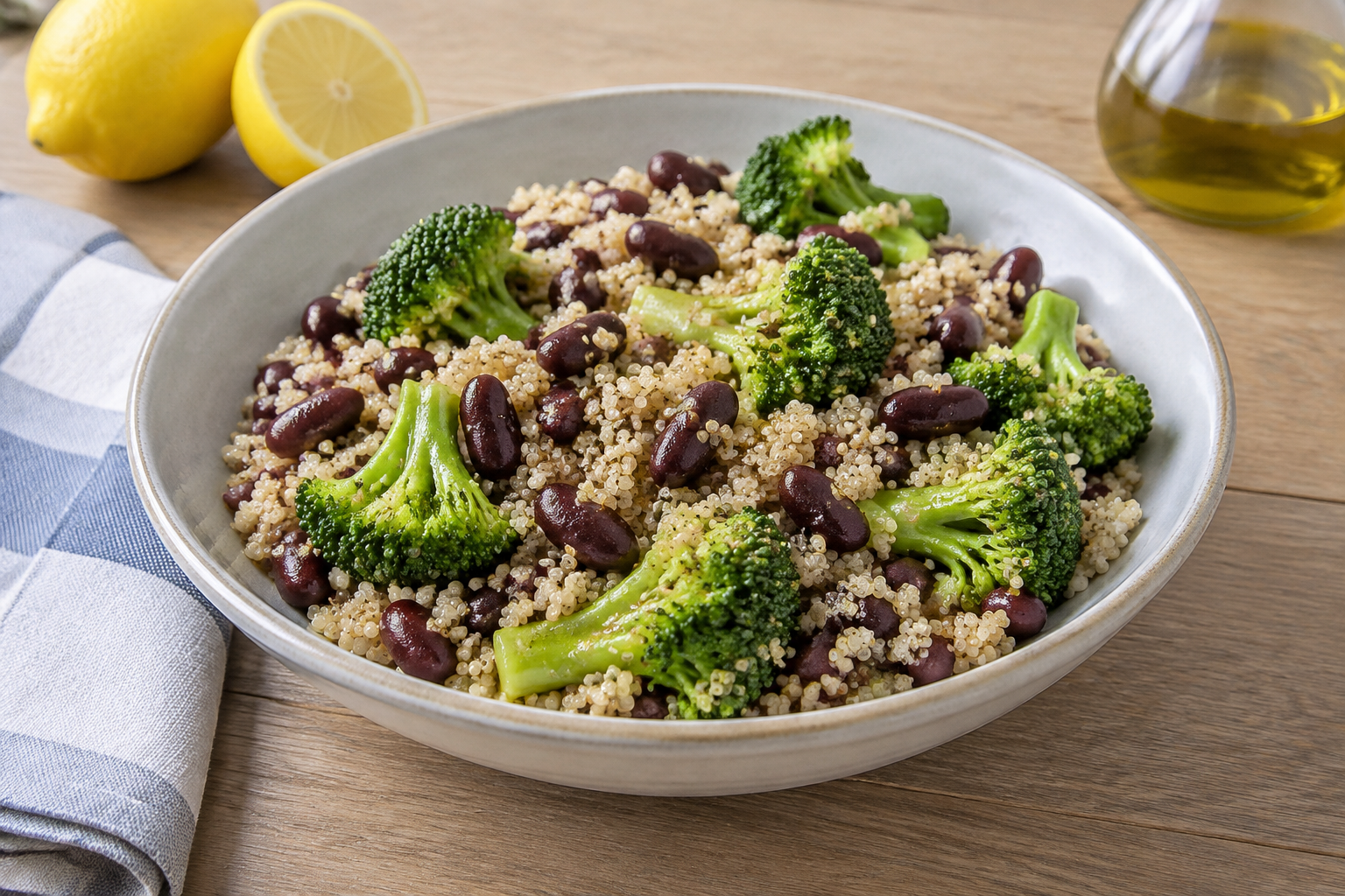Quinoa quente com feijão vermelho cozido e brócolis