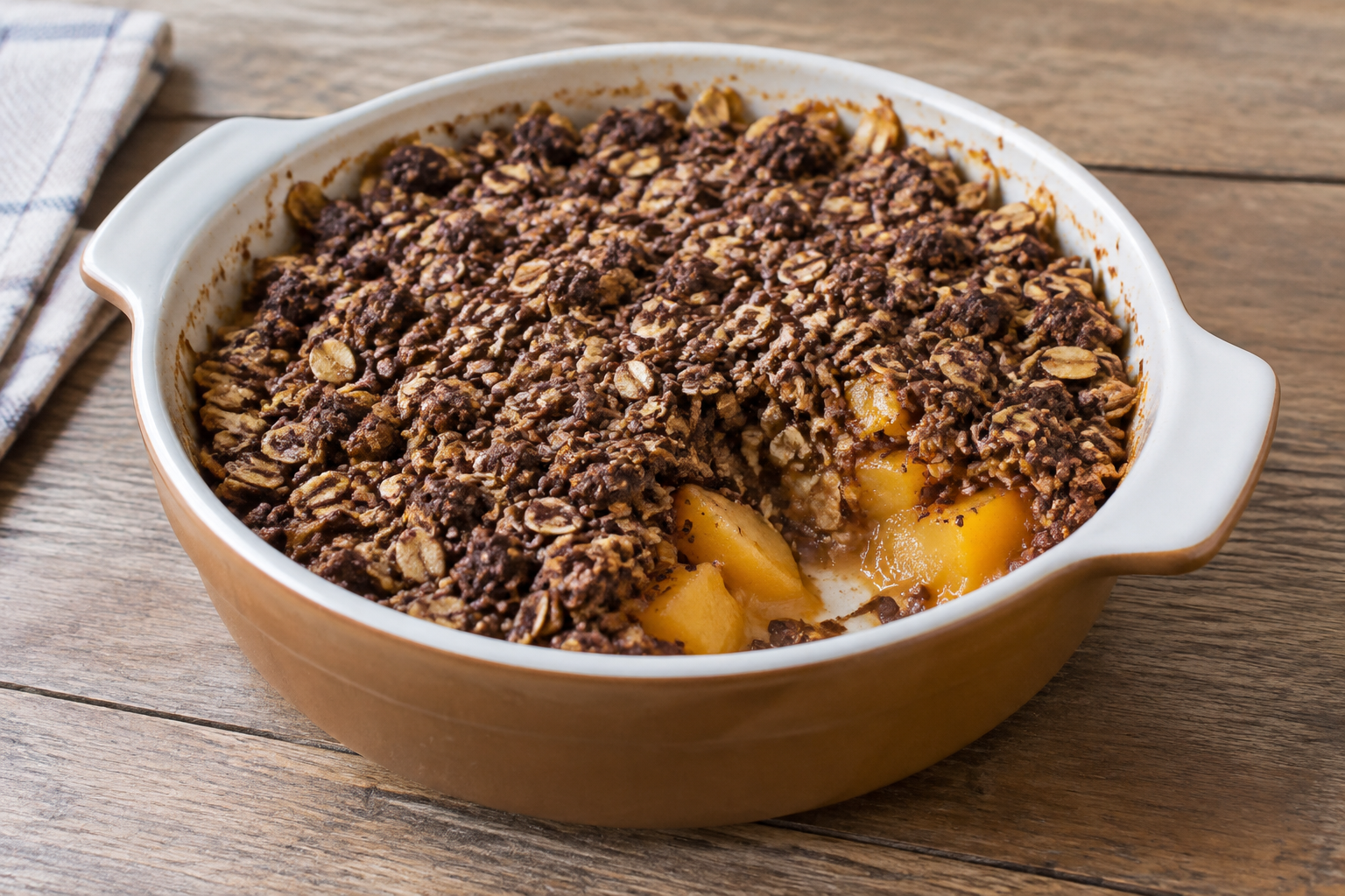 Crumble de aveia com manga e linhaça com cacau em pó sem açúcar