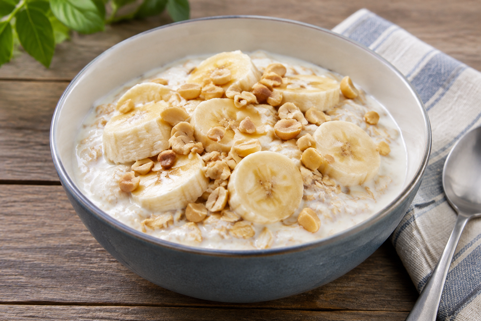 Iogurte com banana e amendoim com aveia em flocos