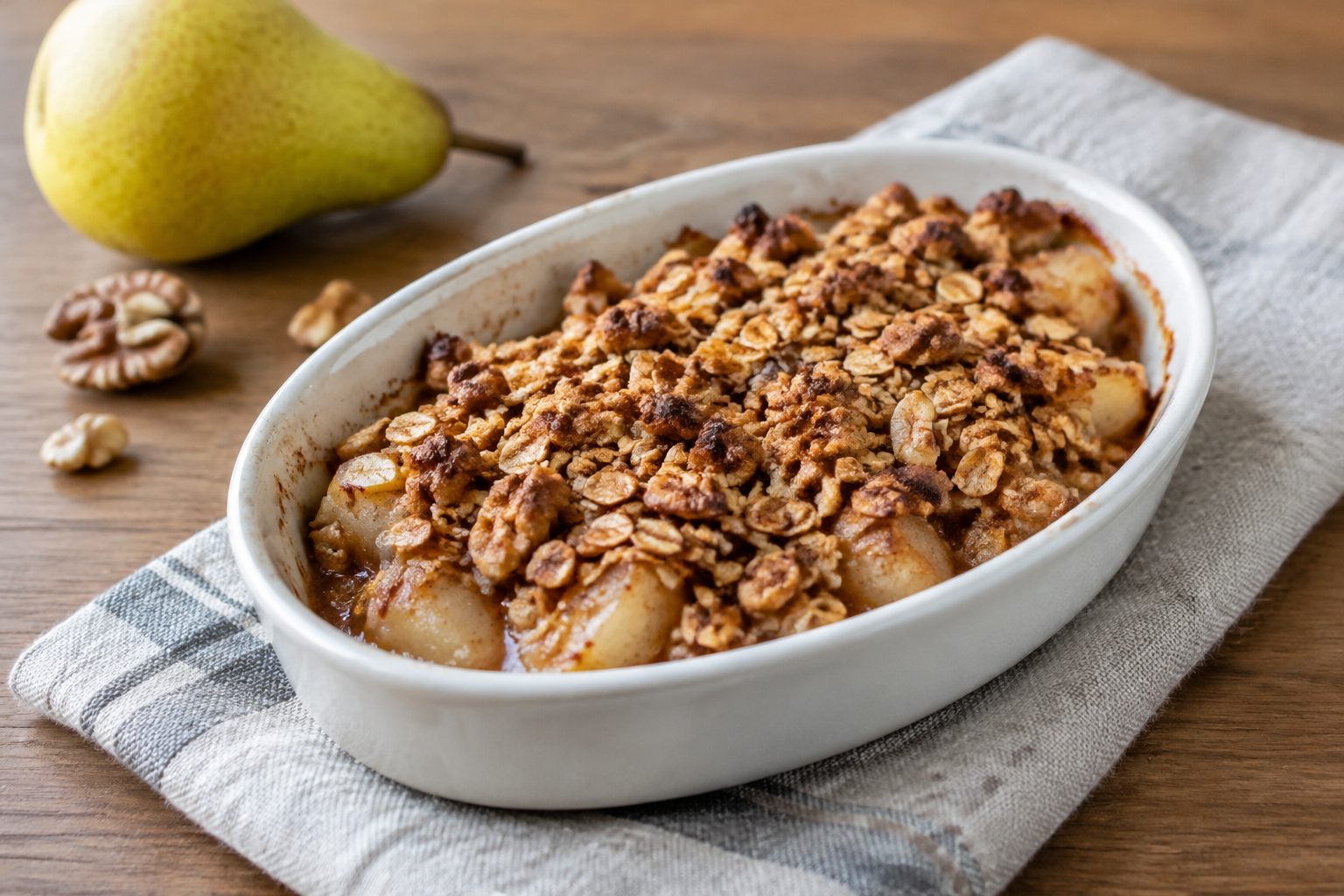 Crumble de aveia com pera e nozes