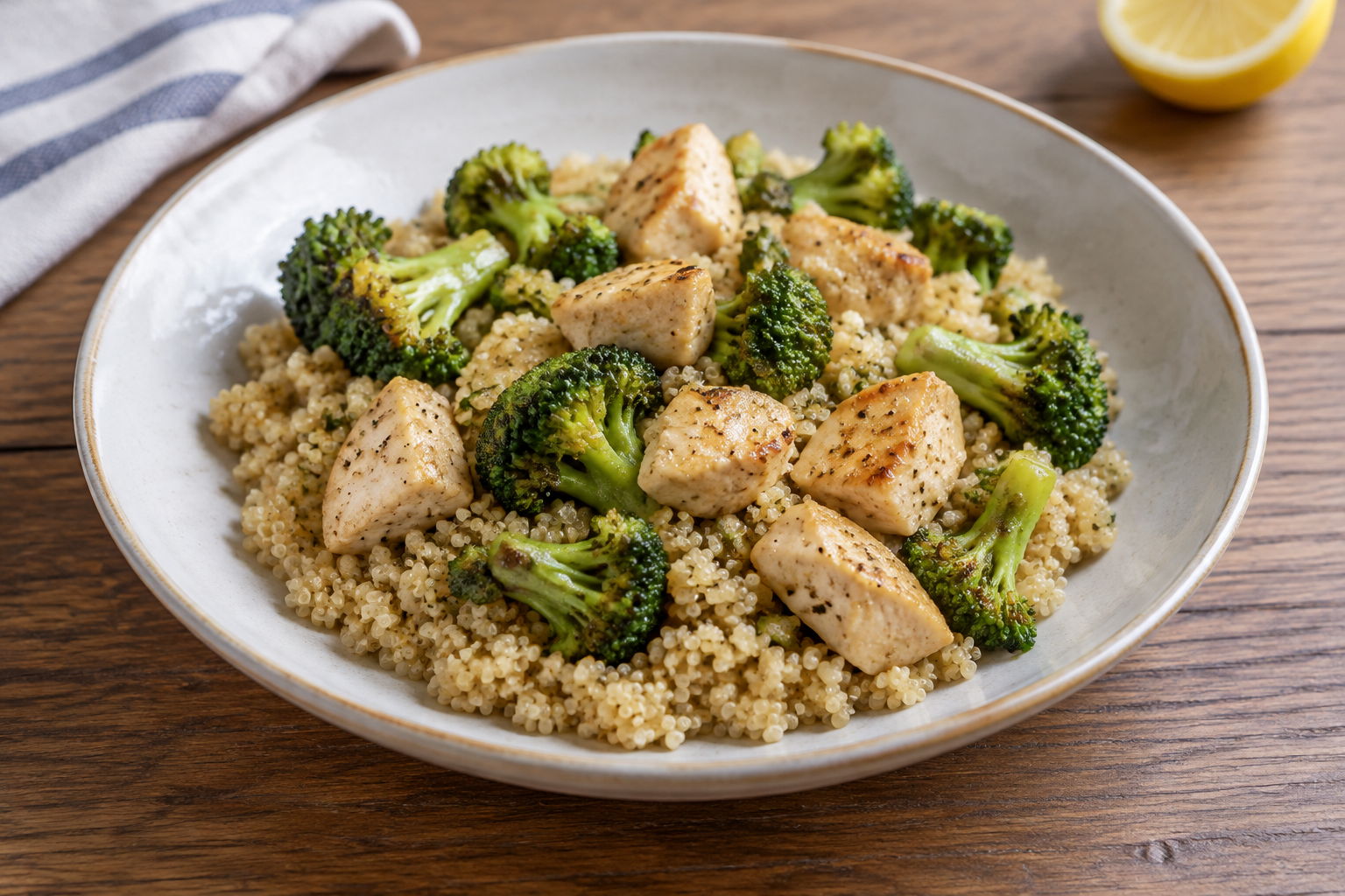 Quinoa quente com peito de frango e brócolis