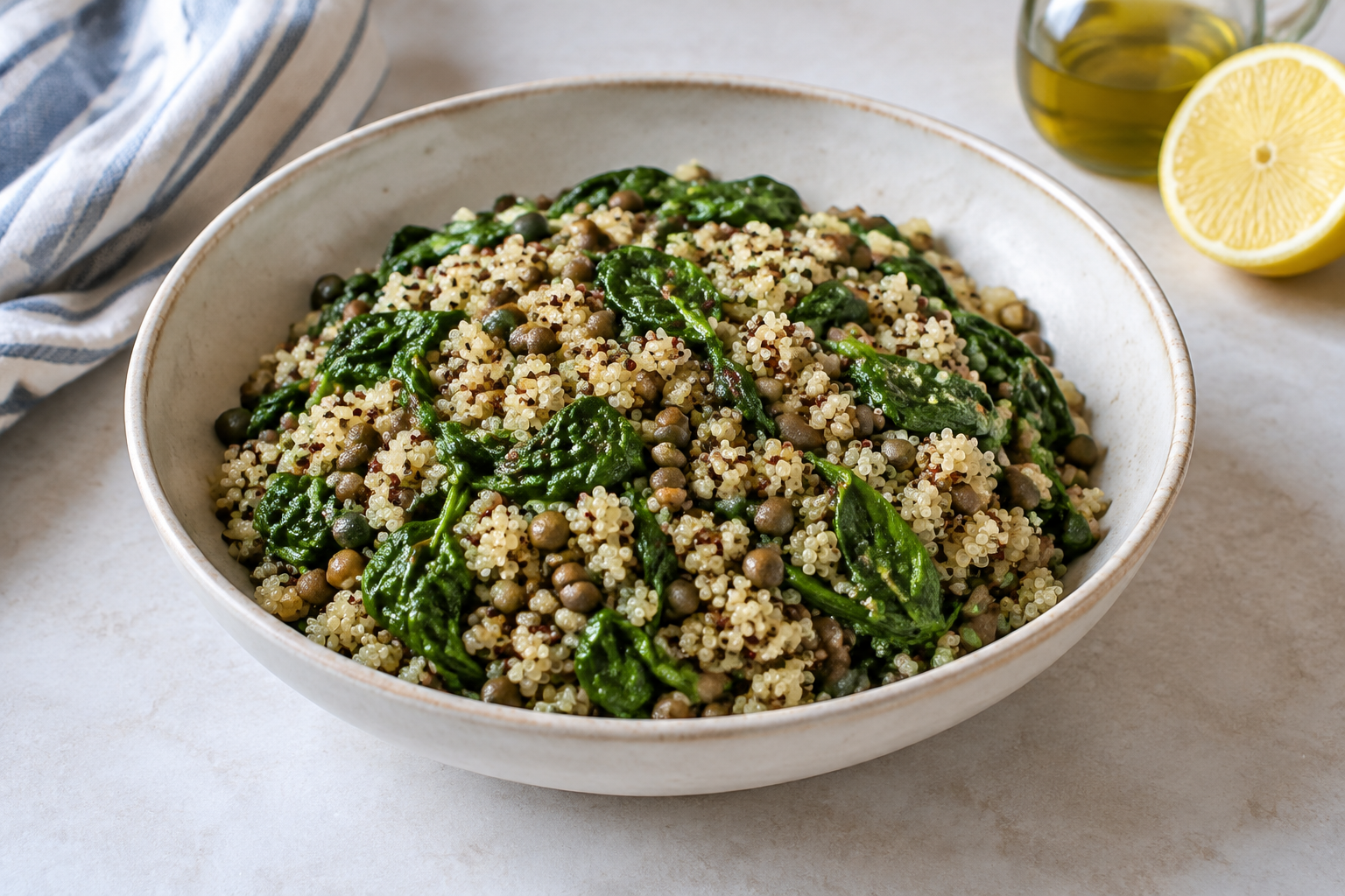 Quinoa quente com lentilha cozida e espinafre