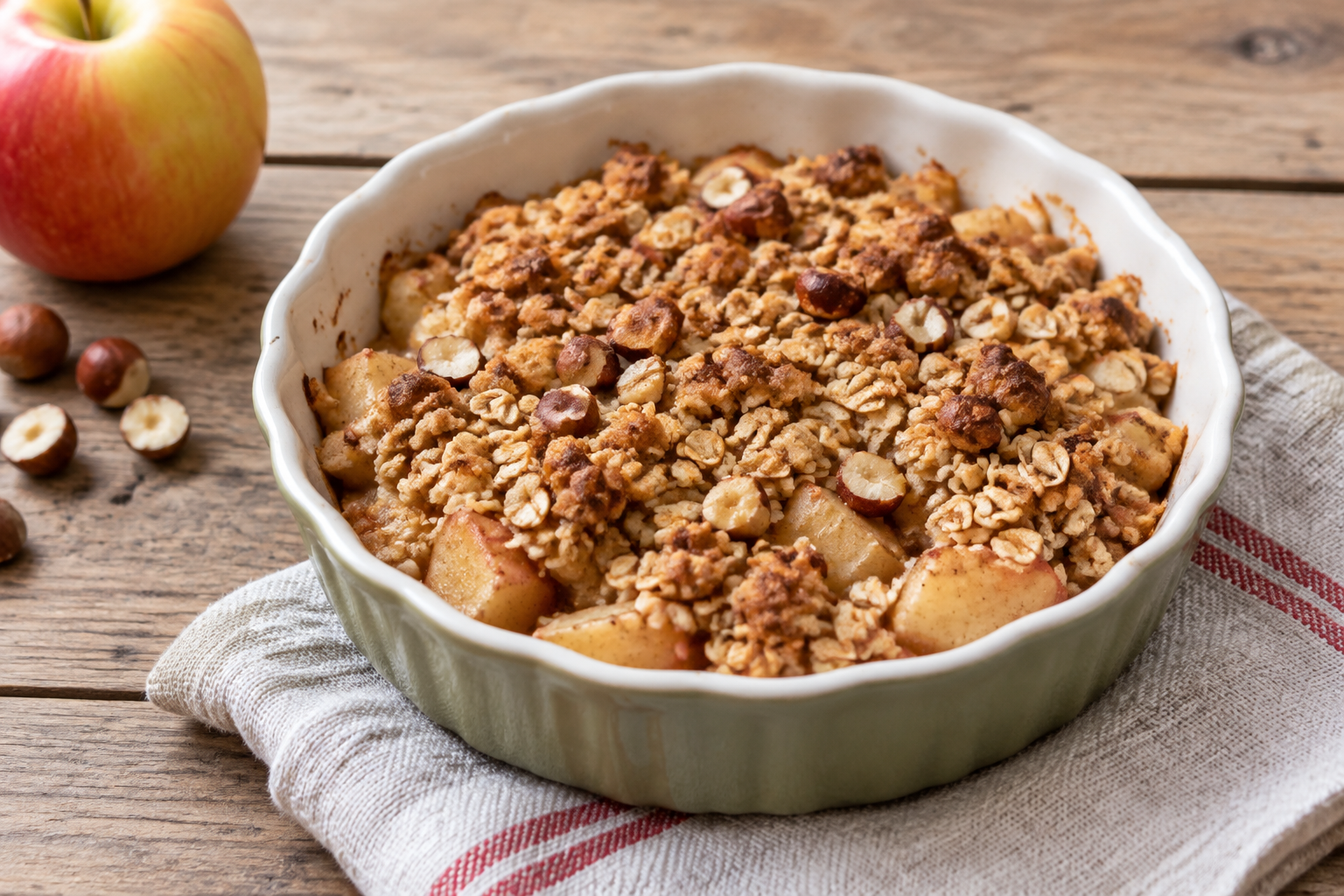 Crumble de aveia com maçã e avelãs