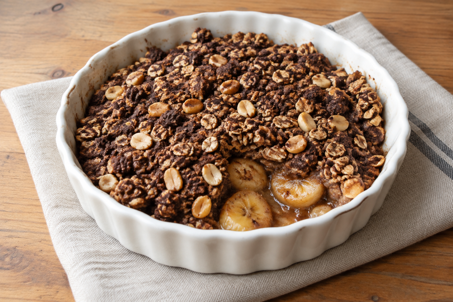 Crumble de aveia com banana e amendoim com cacau em pó sem açúcar