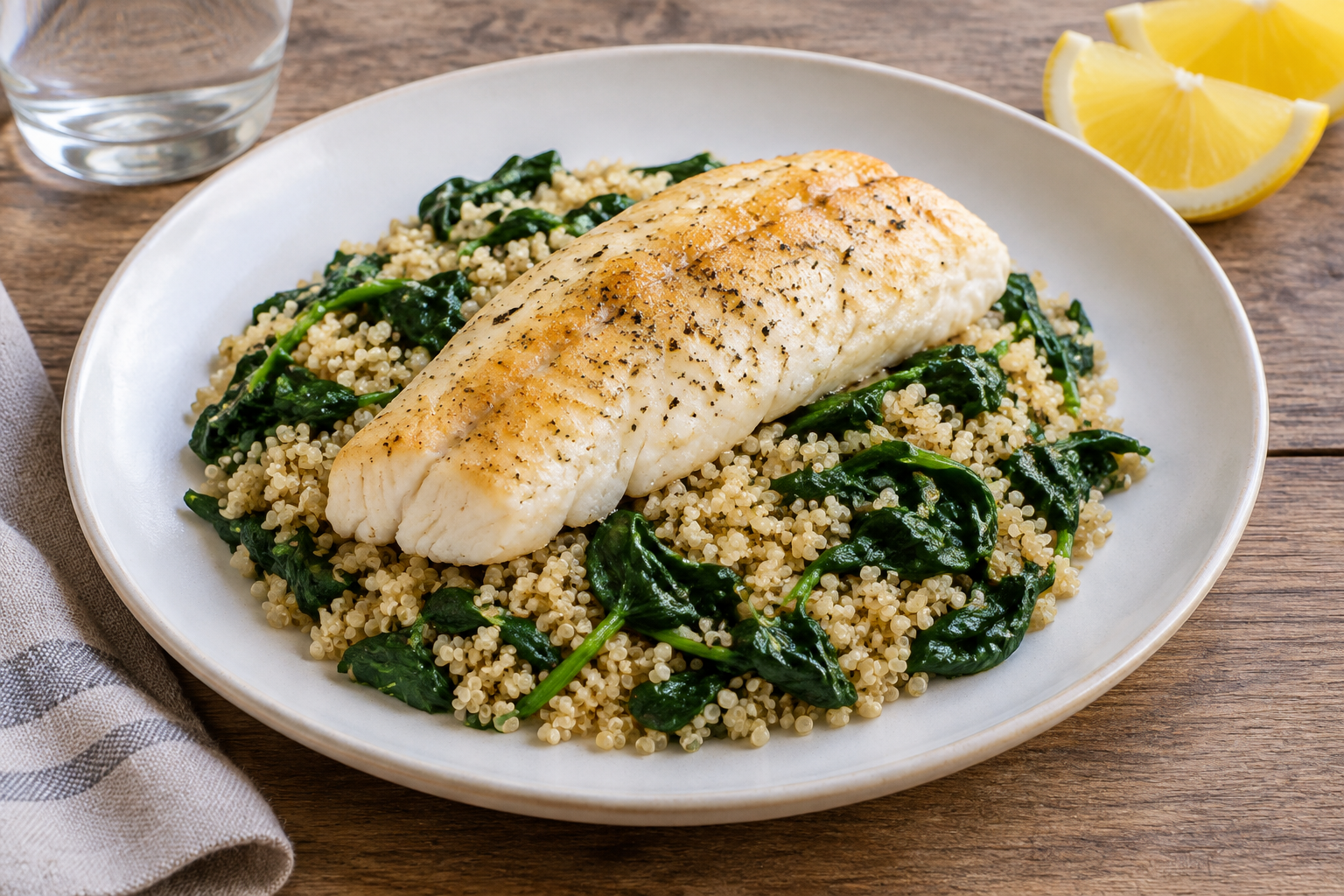 Quinoa quente com tilápia e espinafre