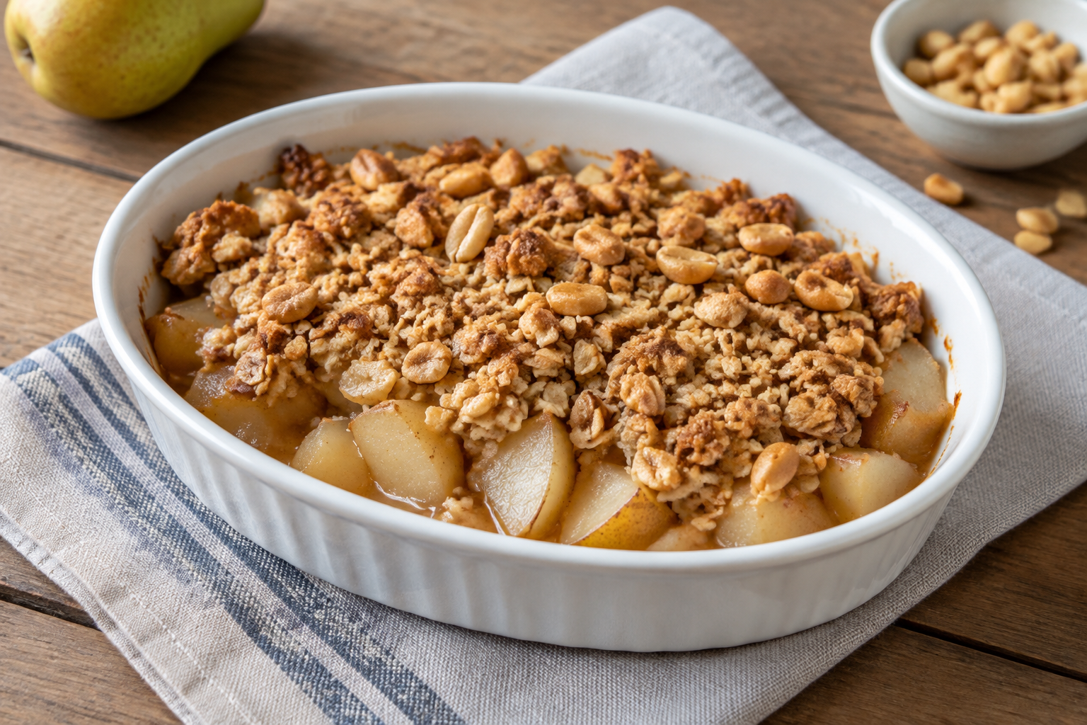 Crumble de aveia com pera e amendoim