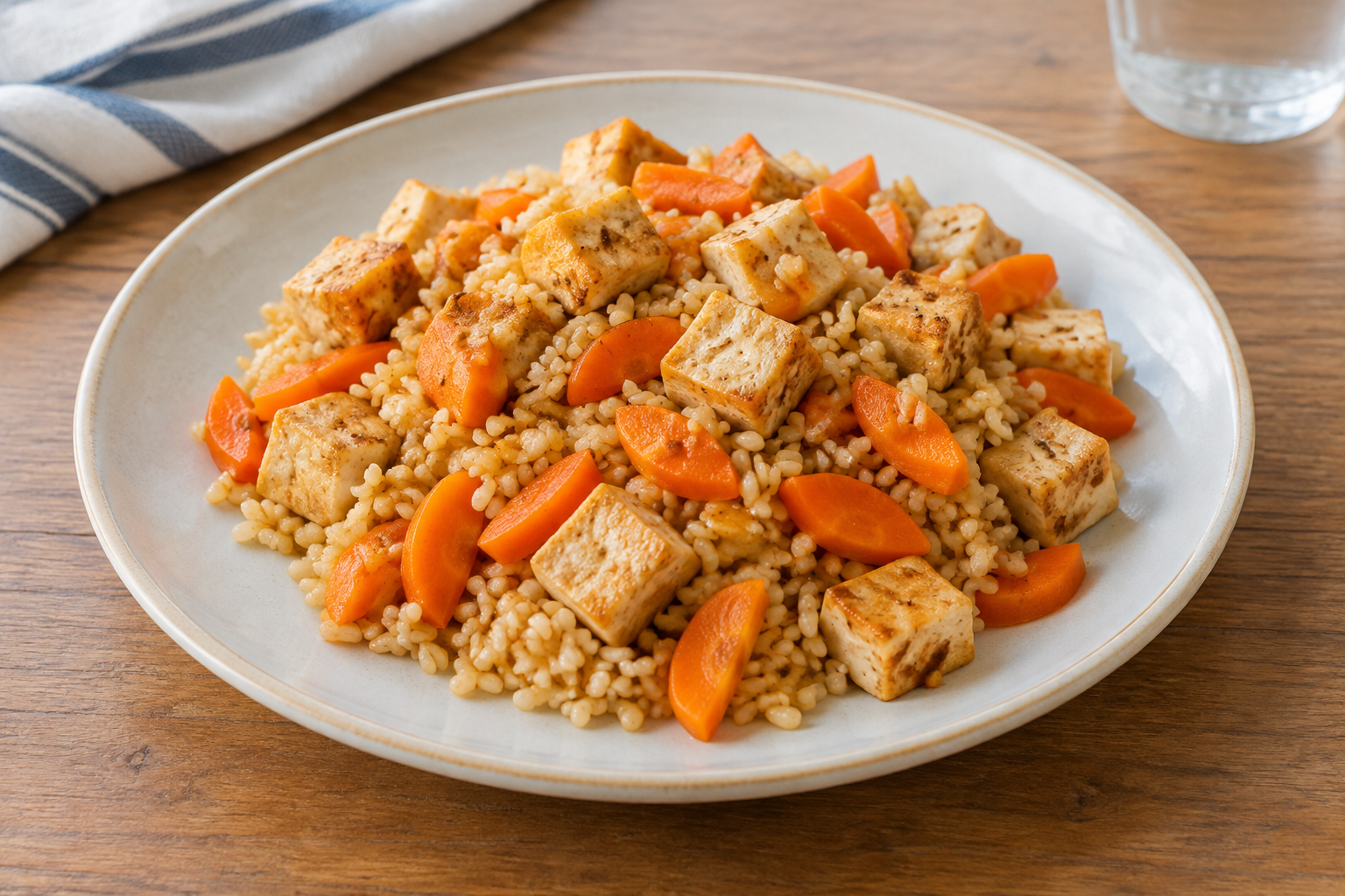Arroz integral com tofu firme e cenoura