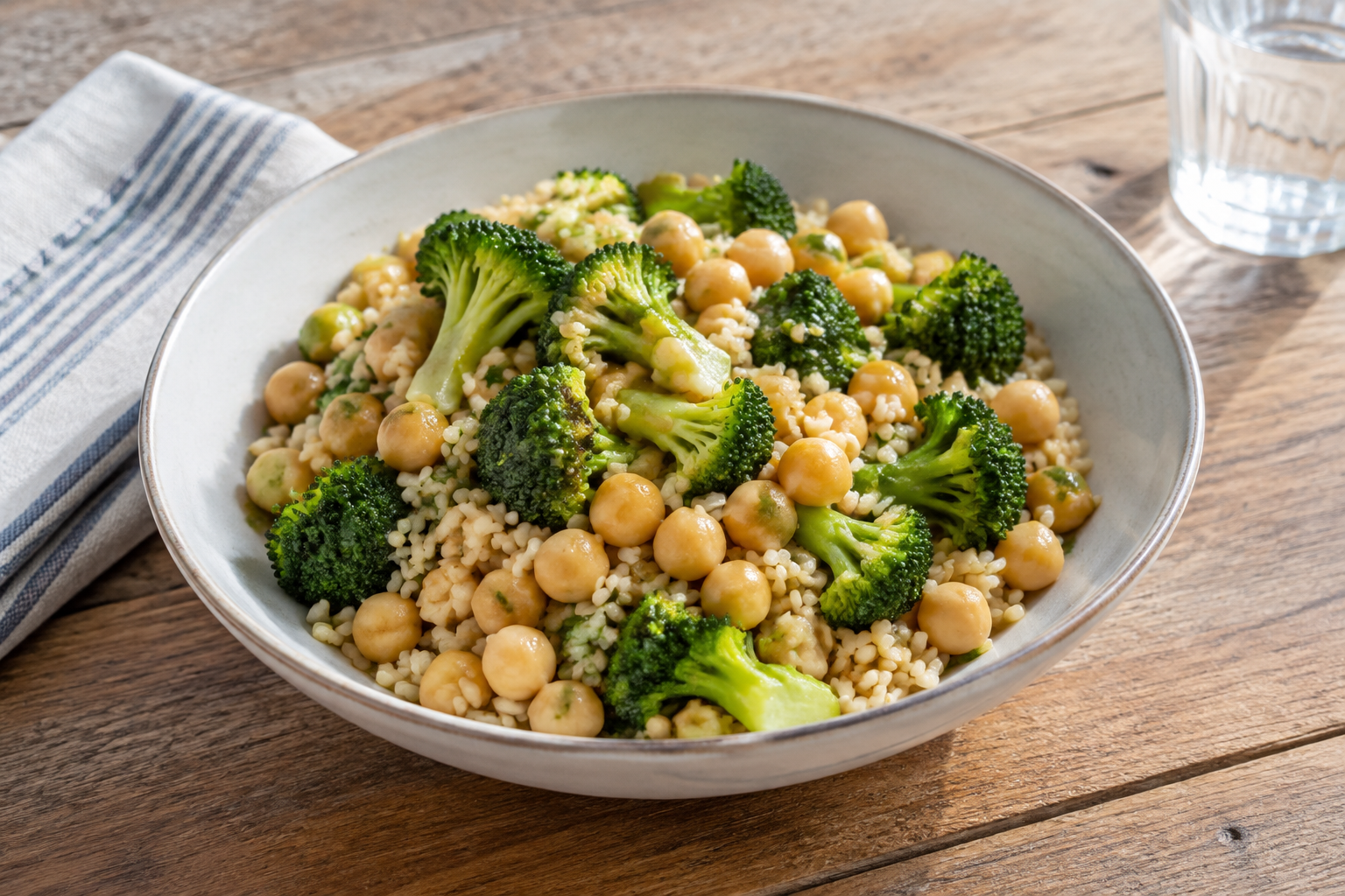 Quinoa quente com grão-de-bico cozido e brócolis · arroz integral