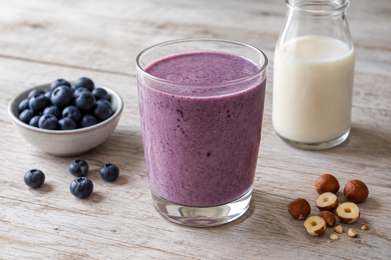 Vitamina cremosa com mirtilo e avelãs