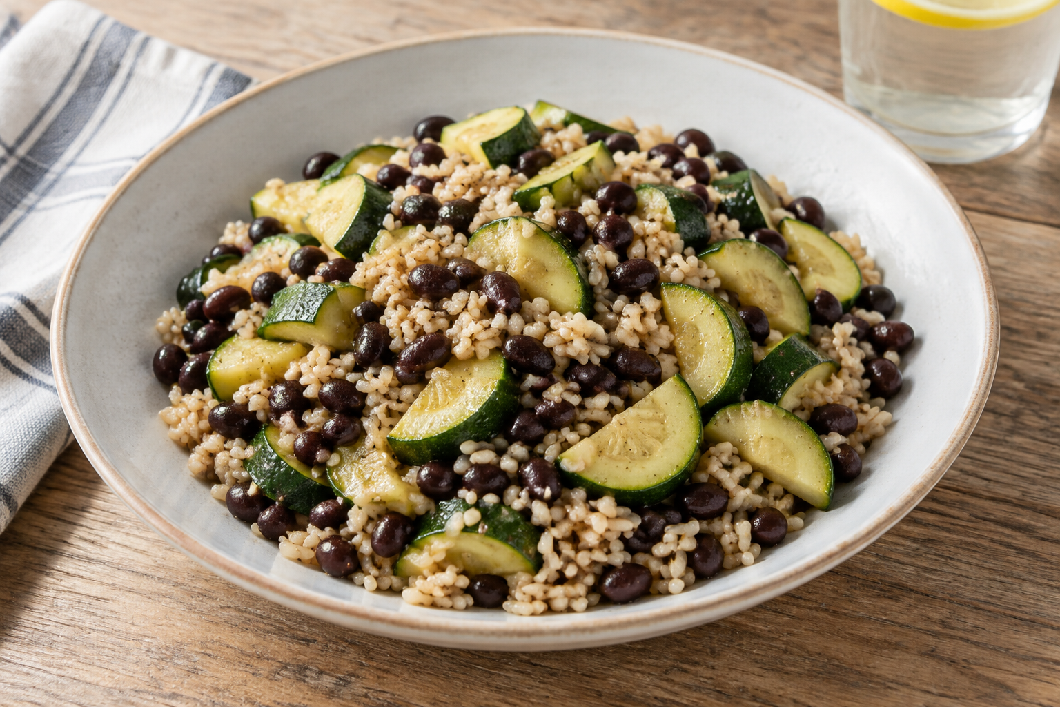 Arroz integral com feijão preto cozido e abobrinha