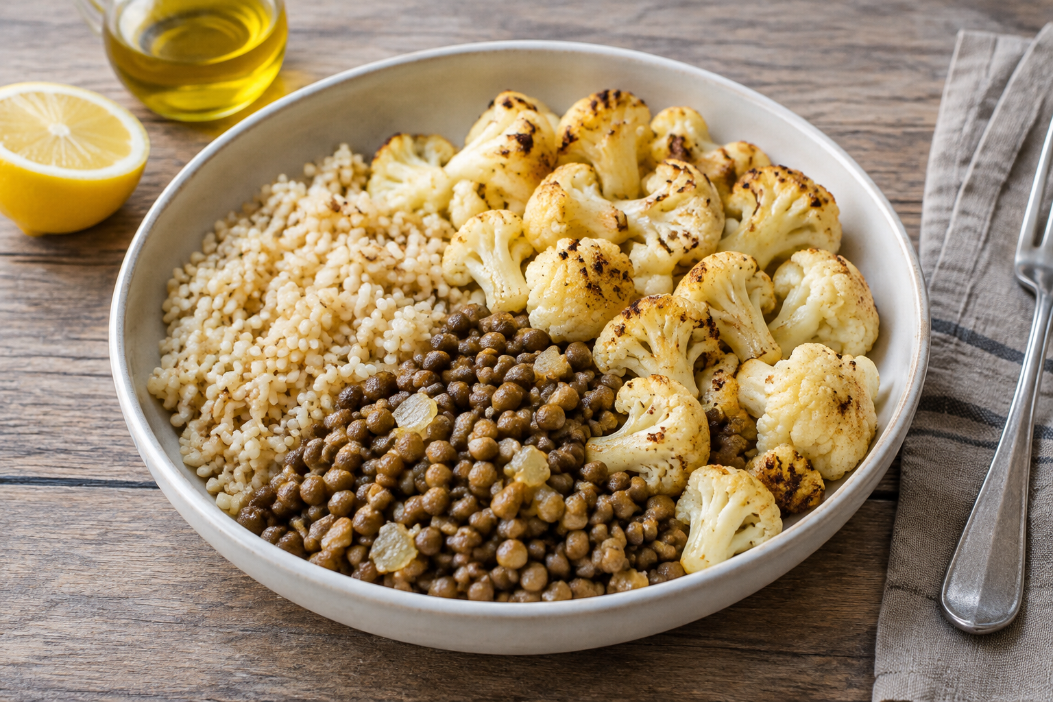 Bowl morno com lentilha cozida e couve-flor · arroz integral