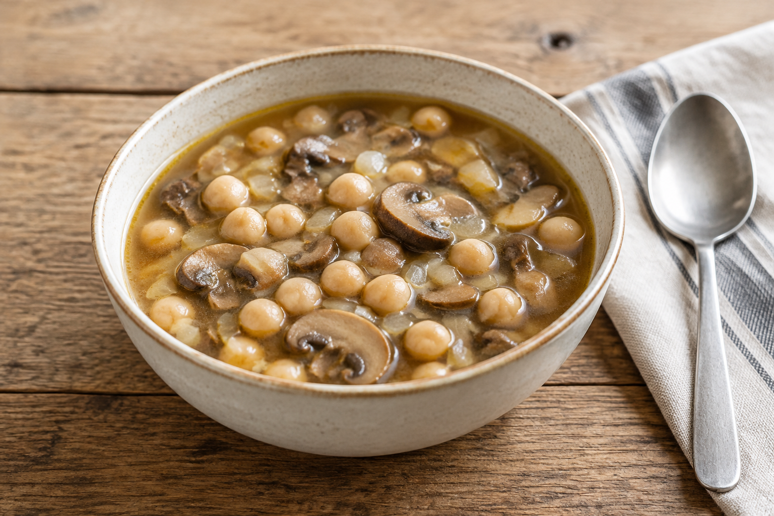 Sopa caseira com grão-de-bico cozido e cogumelos