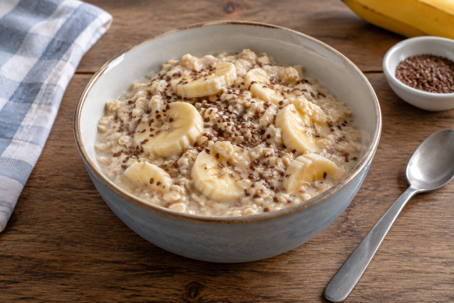 Aveia de geladeira com banana e linhaça · bebida de amêndoas sem açúcar
