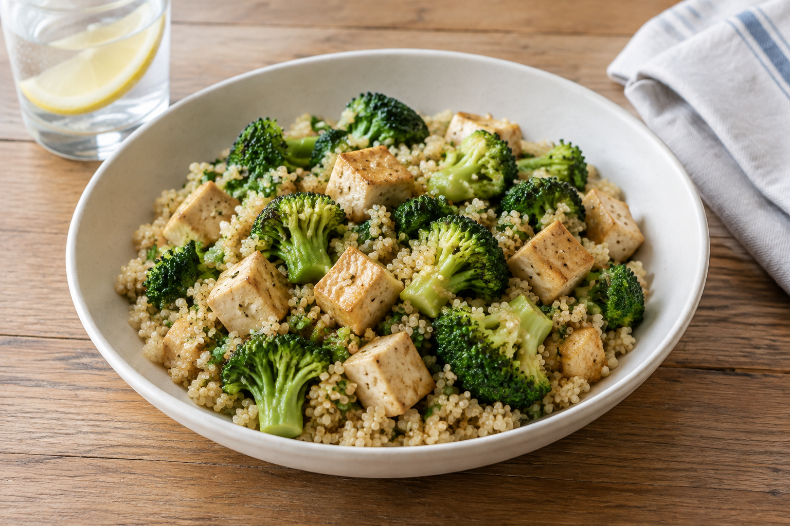 Quinoa quente com tofu firme e brócolis
