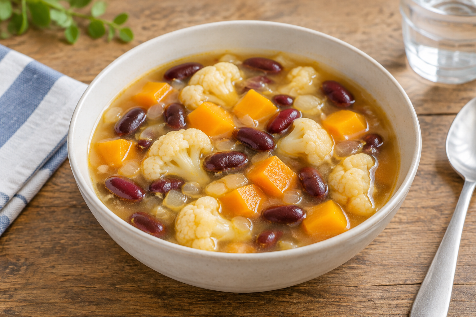 Sopa caseira com feijão vermelho cozido e couve-flor com abóbora em cubos