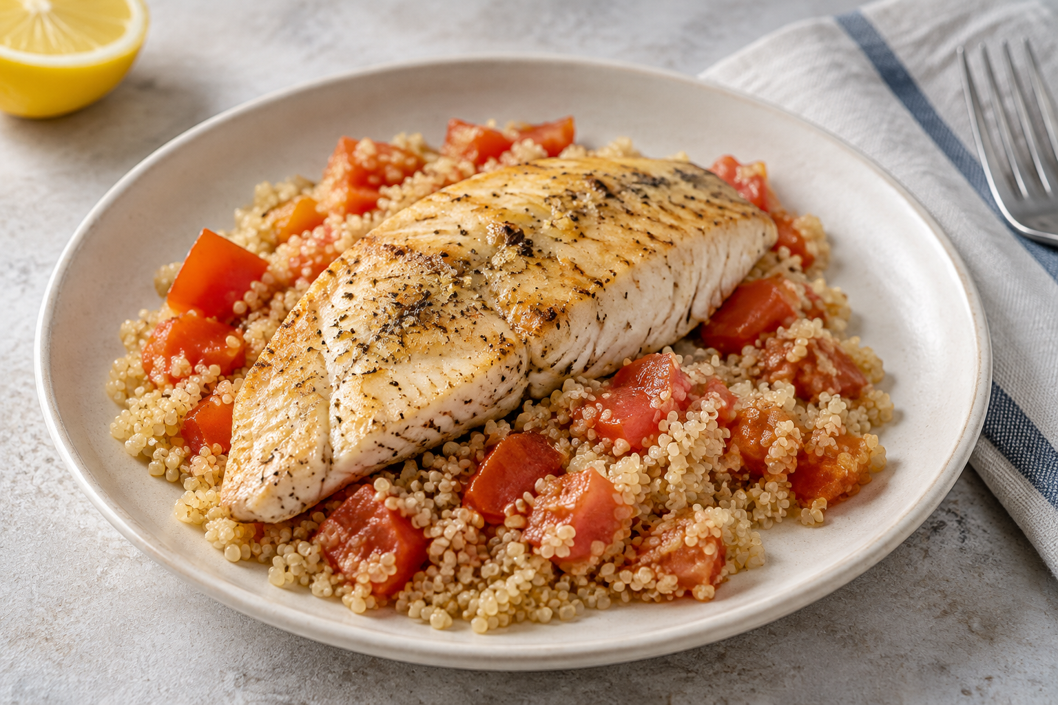 Quinoa quente com tilápia e tomate