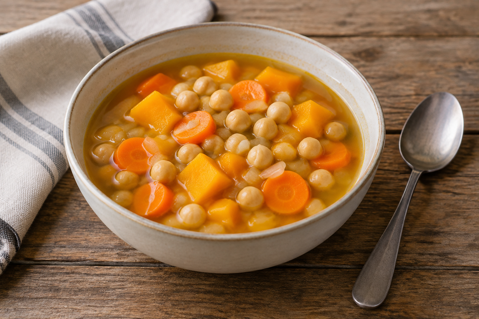 Sopa caseira com grão-de-bico cozido e cenoura com abóbora em cubos