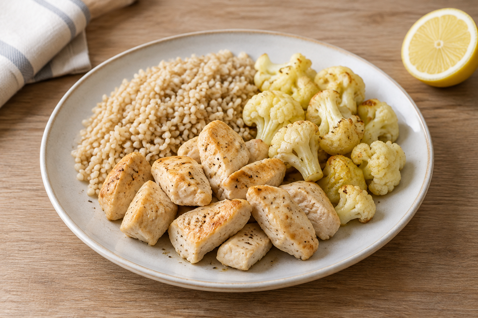 Arroz integral com peito de frango e couve-flor