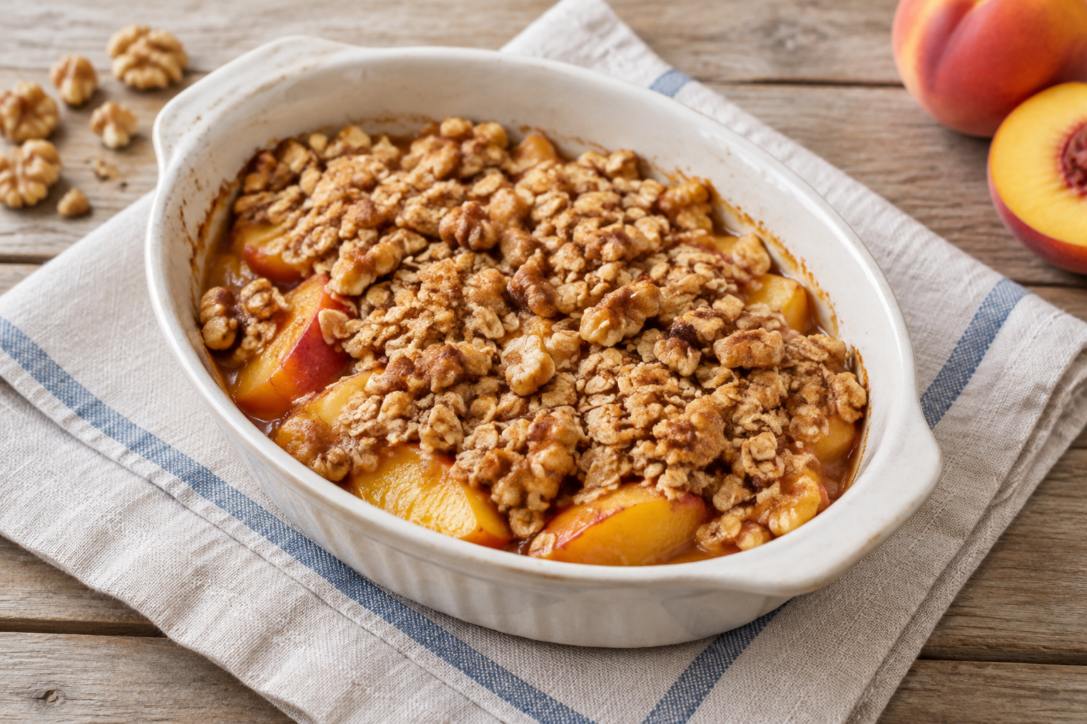 Crumble de aveia com pêssego e nozes