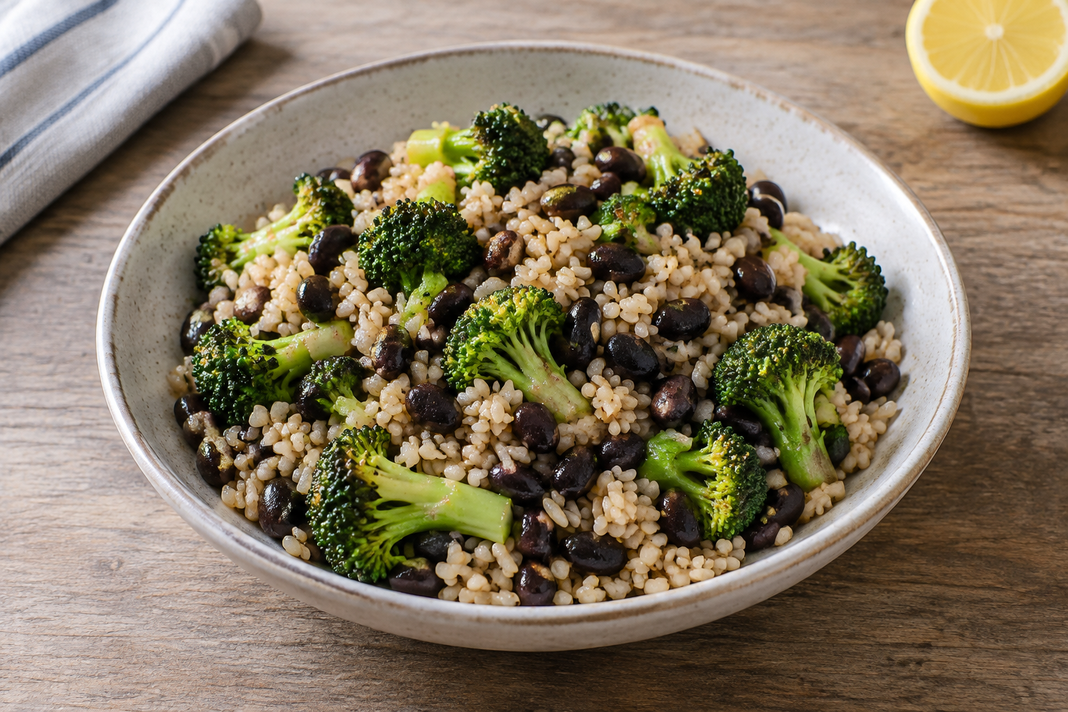 Arroz integral com feijão preto cozido e brócolis