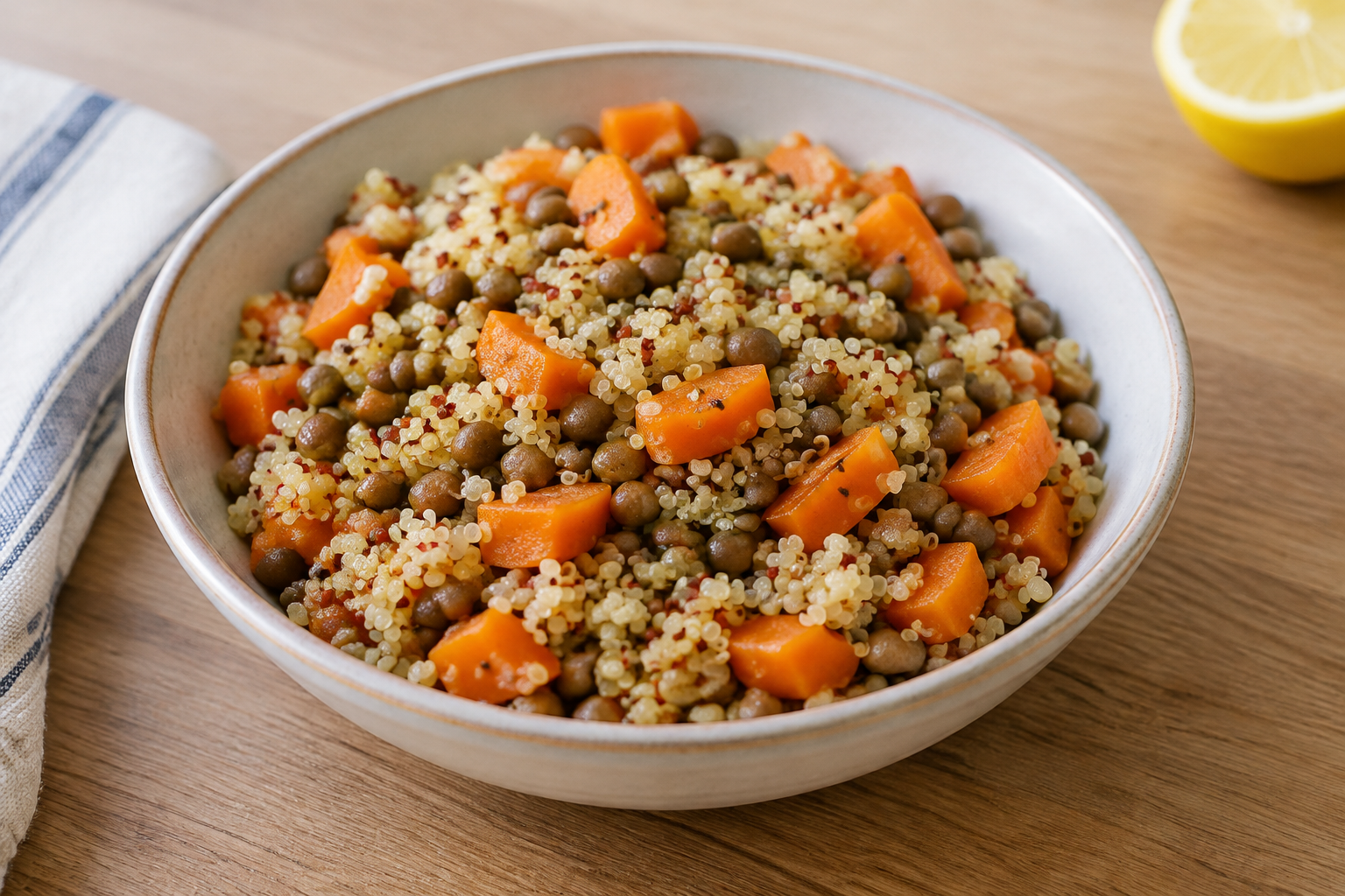 Arroz integral com lentilha cozida e cenoura · quinoa