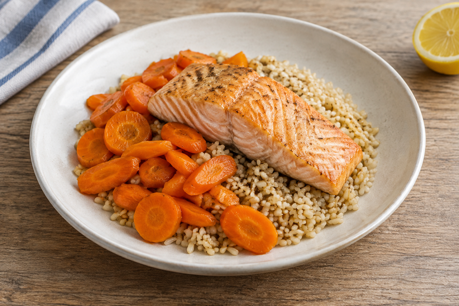 Arroz integral com salmão e cenoura