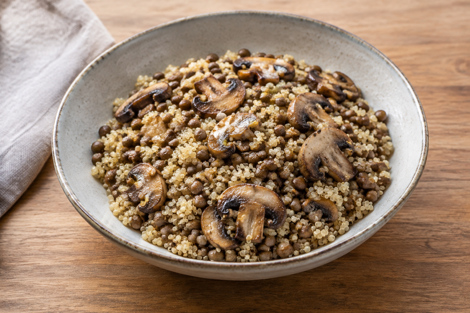 Arroz integral com lentilha cozida e cogumelos · quinoa