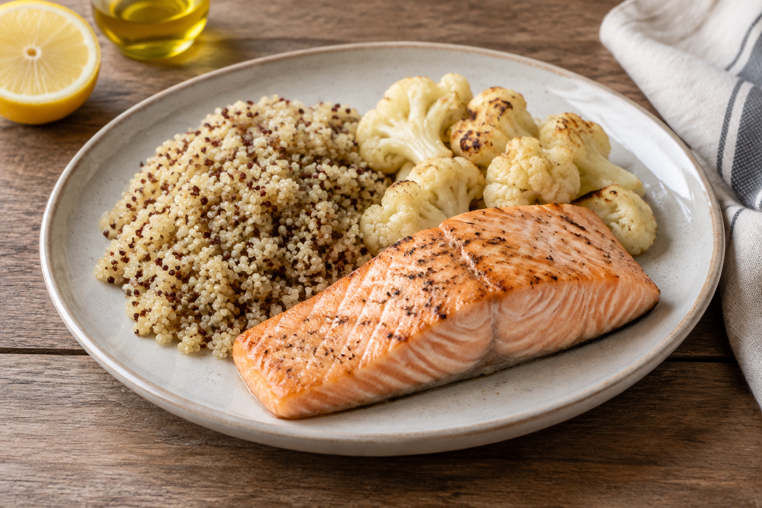 Quinoa quente com salmão e couve-flor