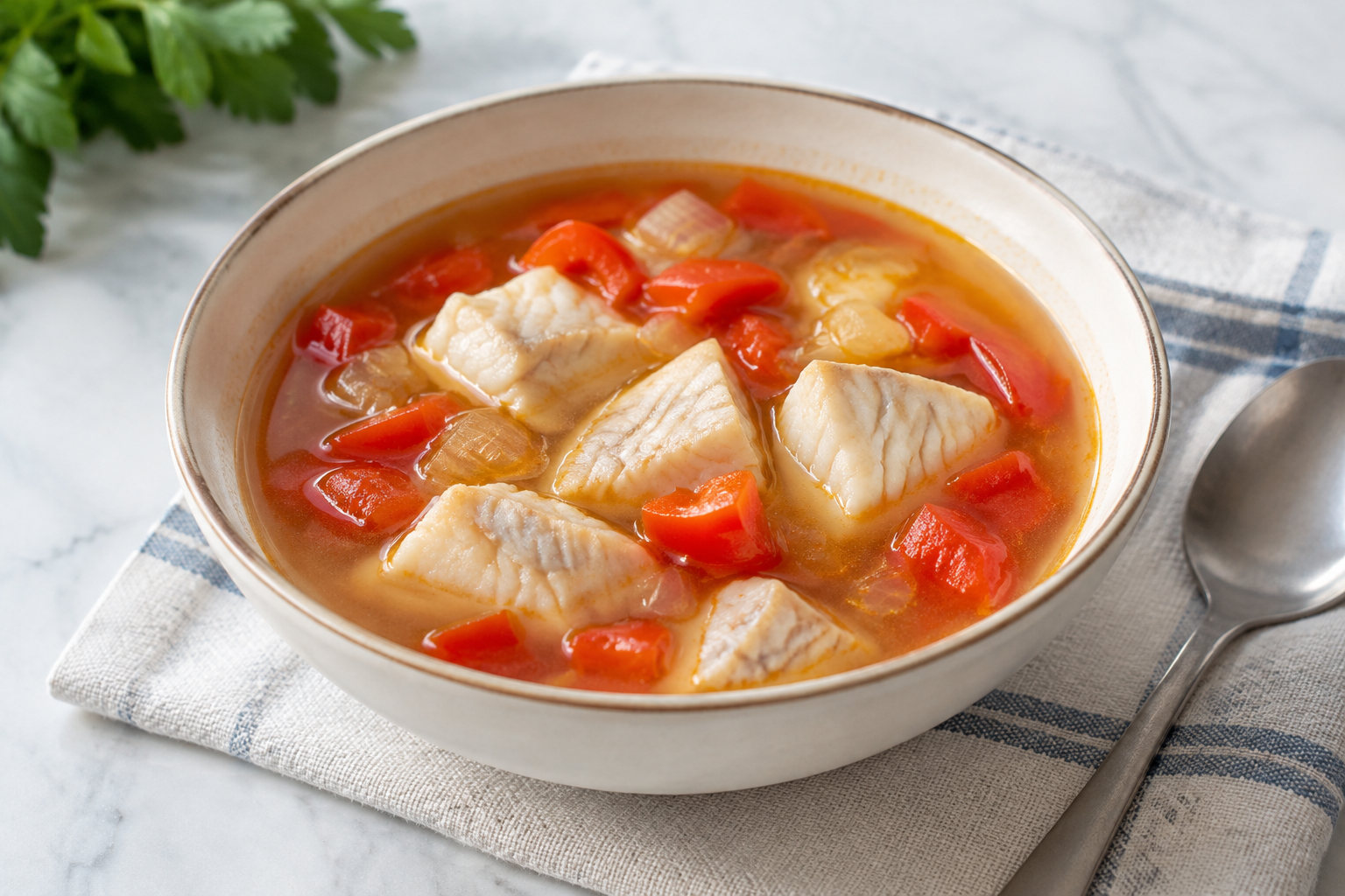 Sopa caseira com tilápia e pimentão vermelho