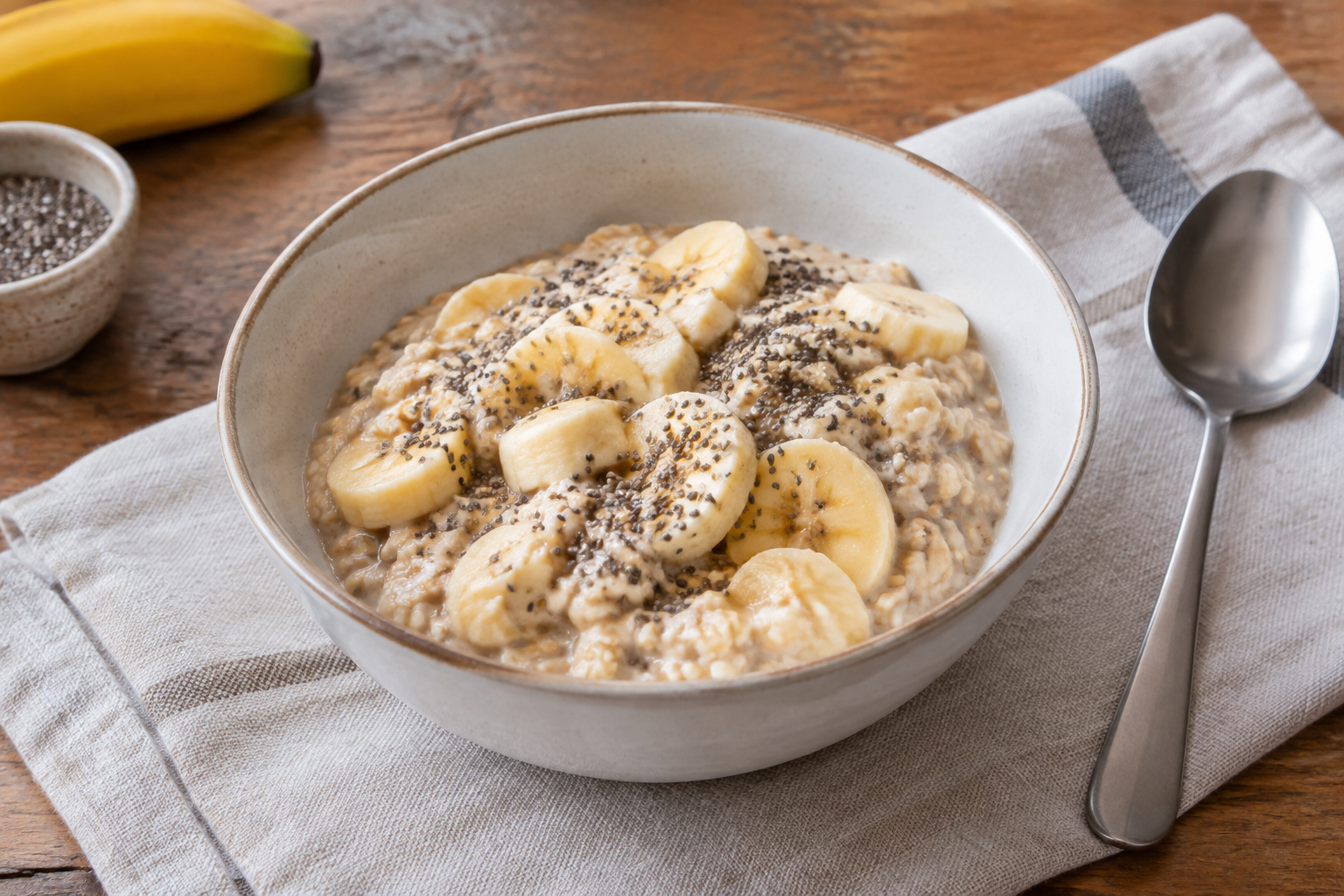 Aveia de geladeira com banana e chia · bebida de amêndoas sem açúcar