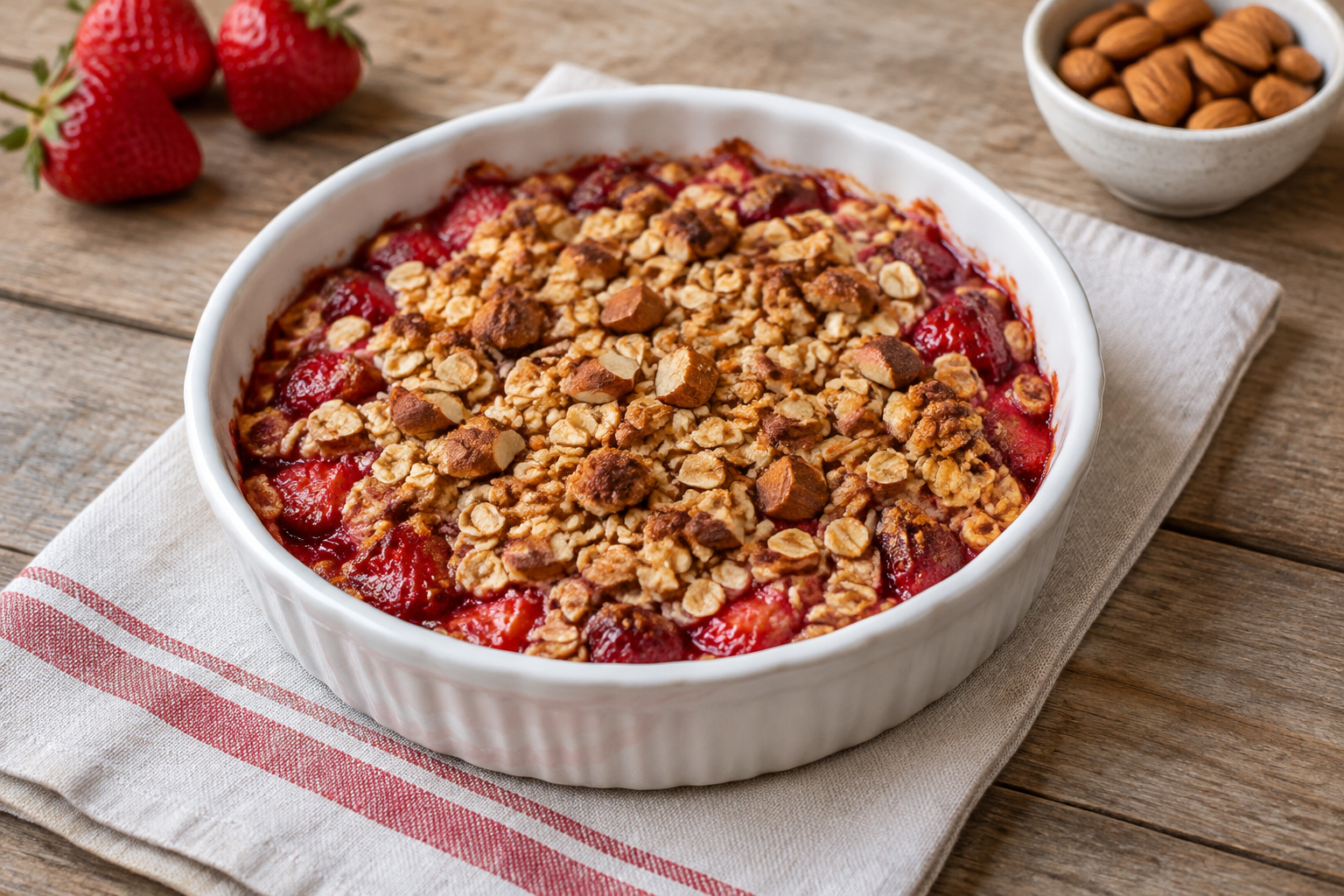 Crumble de aveia com morango e amêndoas