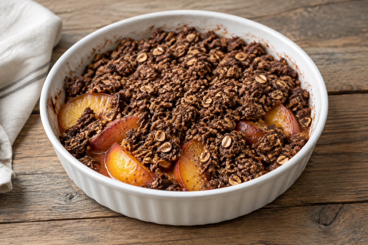 Crumble de aveia com pêssego e chia com cacau em pó sem açúcar