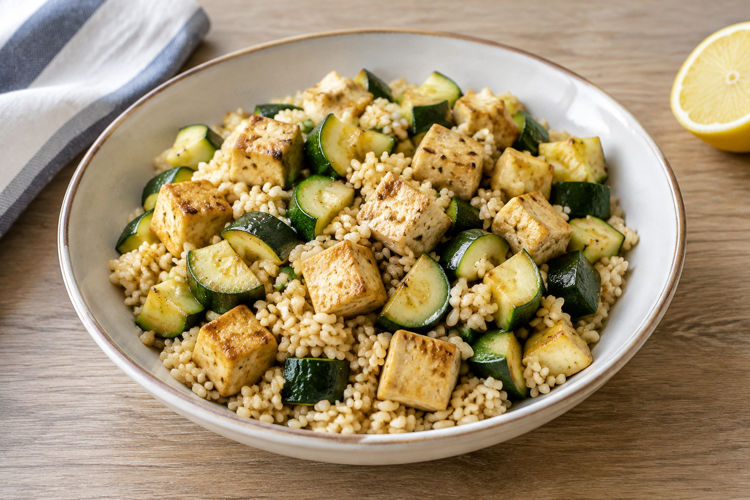 Arroz integral com tofu firme e abobrinha