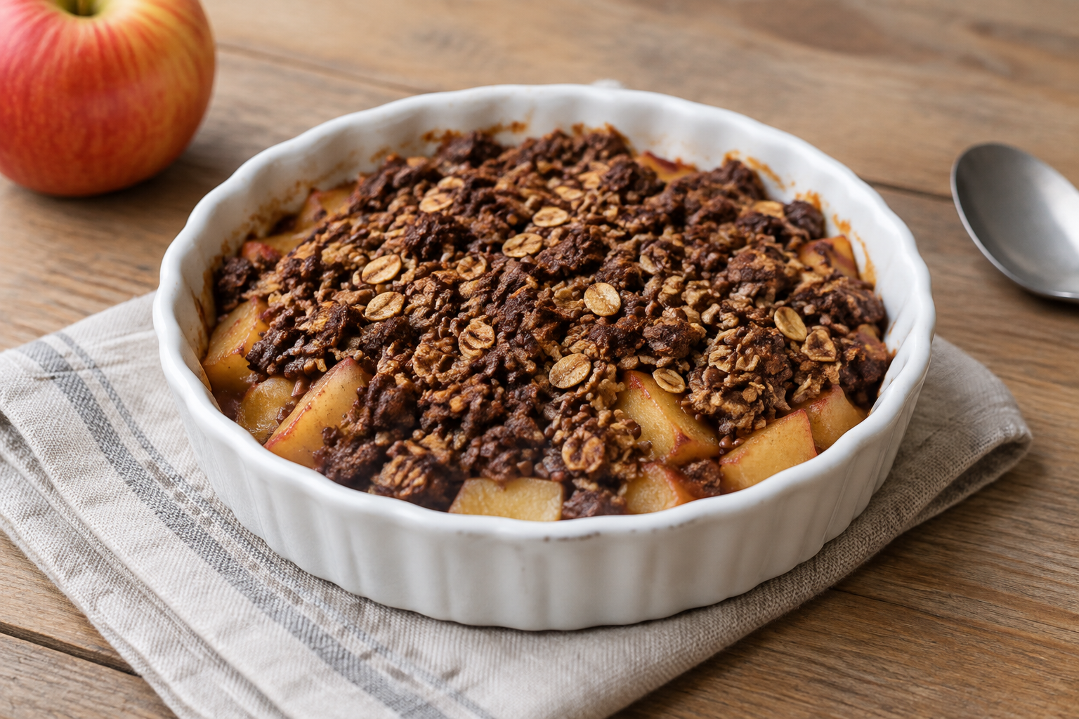 Crumble de aveia com maçã e linhaça com cacau em pó sem açúcar