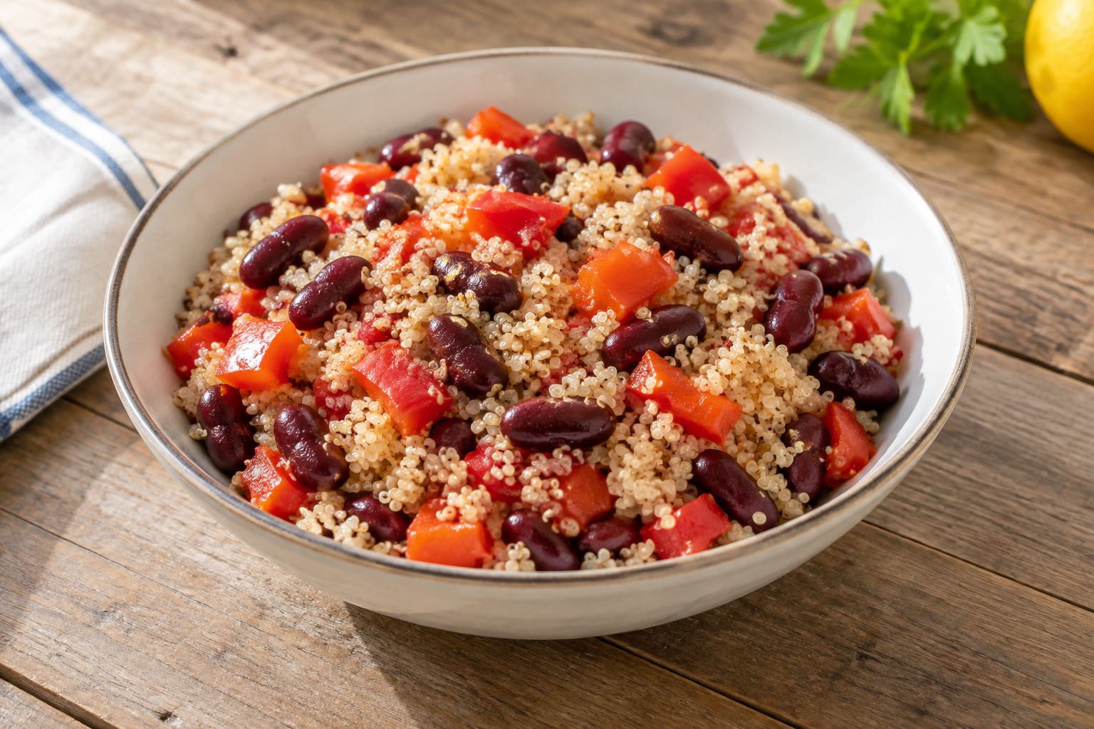 Bowl morno com feijão vermelho cozido e pimentão vermelho · quinoa