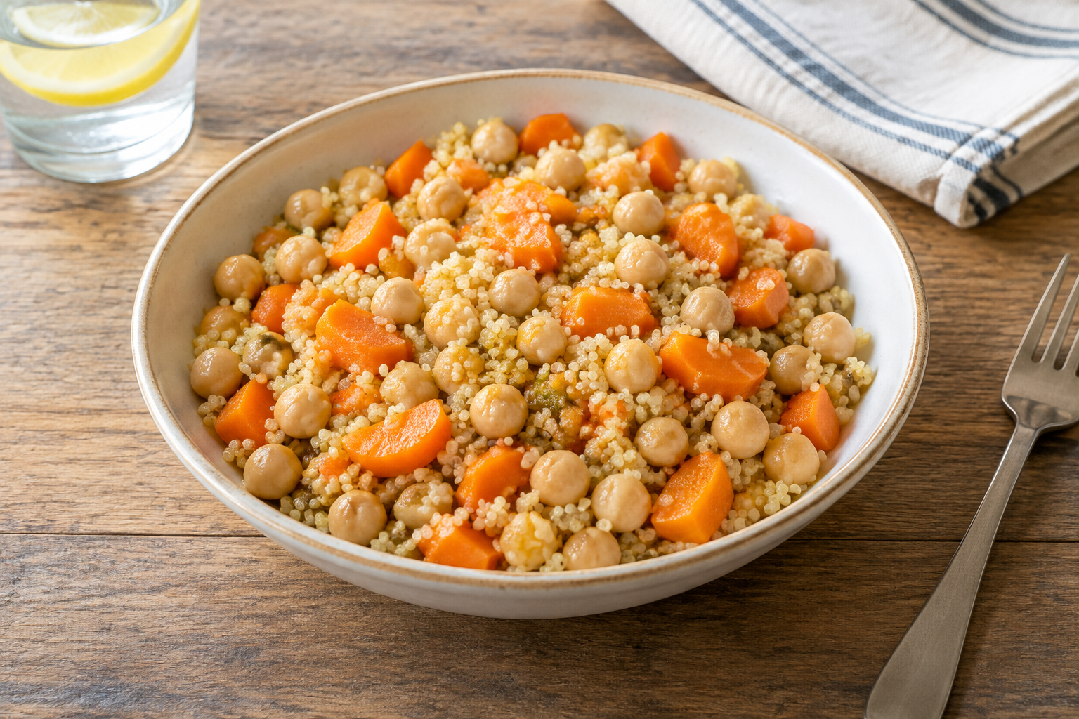 Arroz integral com grão-de-bico cozido e cenoura · quinoa