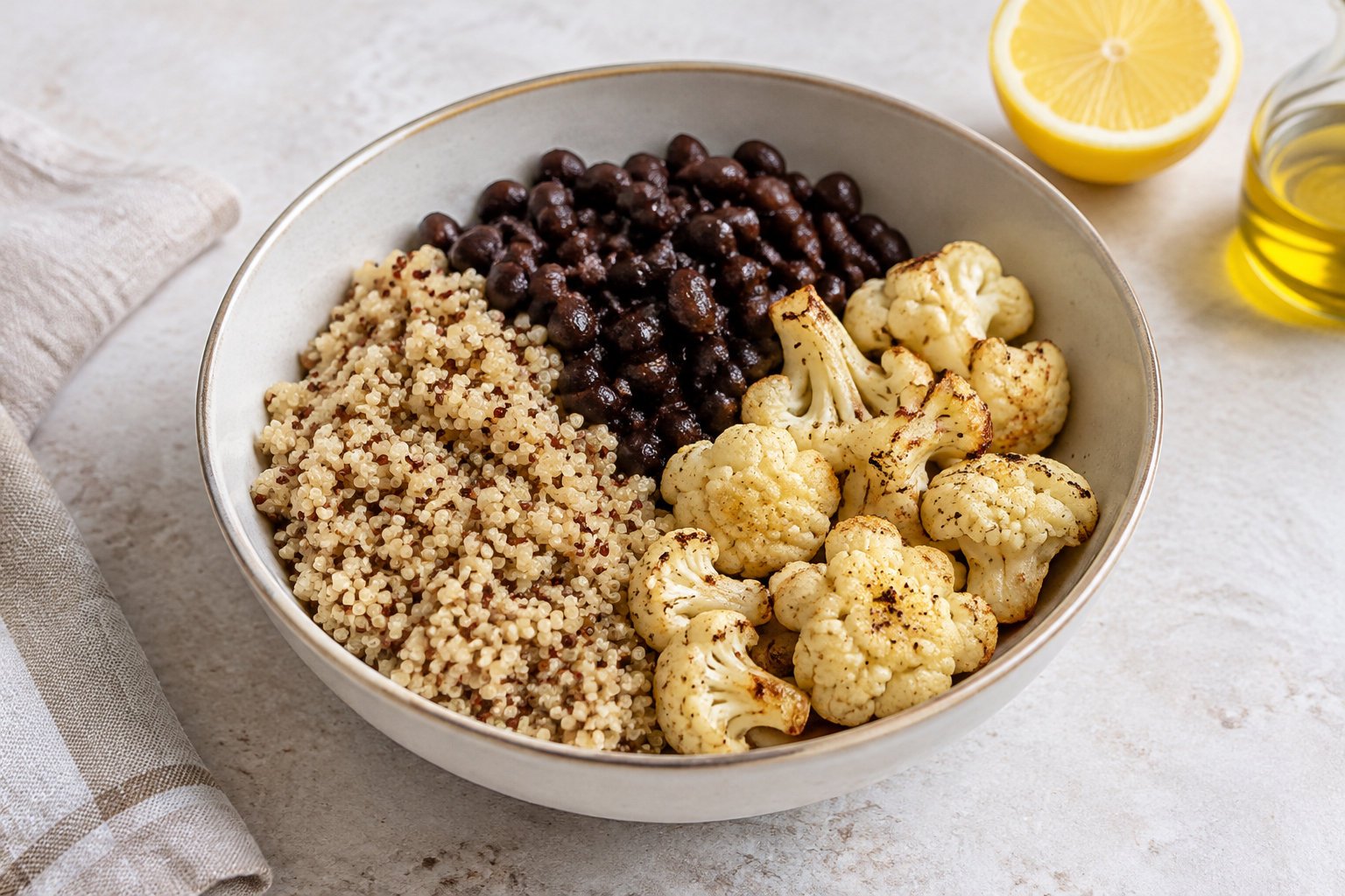 Bowl morno com feijão preto cozido e couve-flor · quinoa