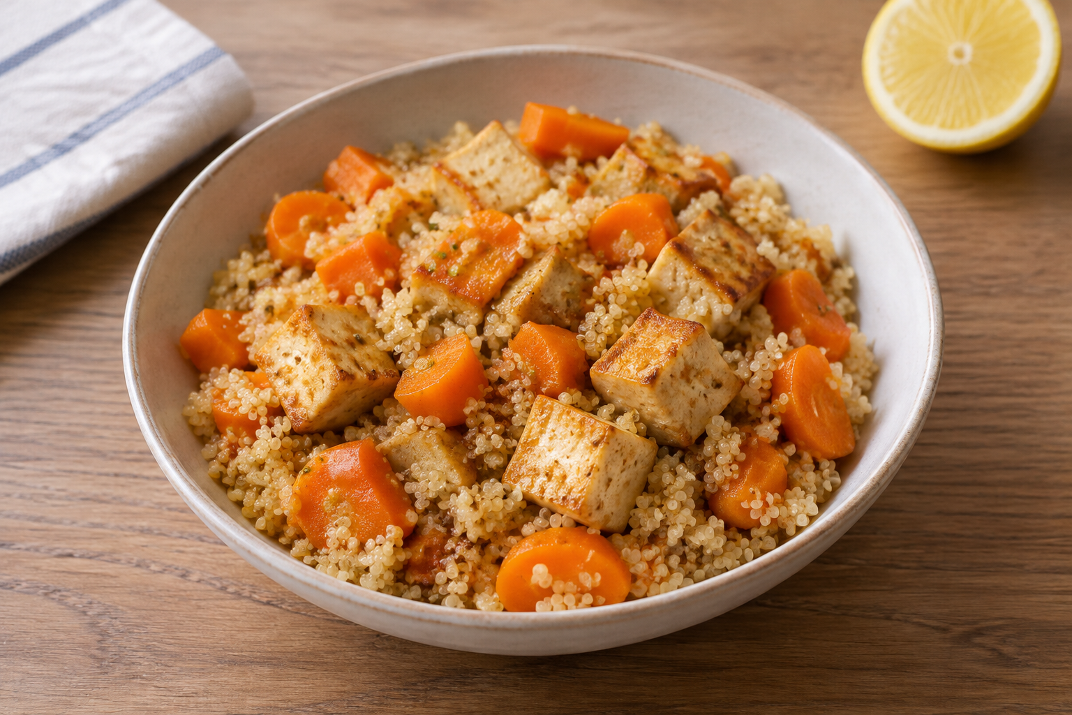 Quinoa quente com tofu firme e cenoura